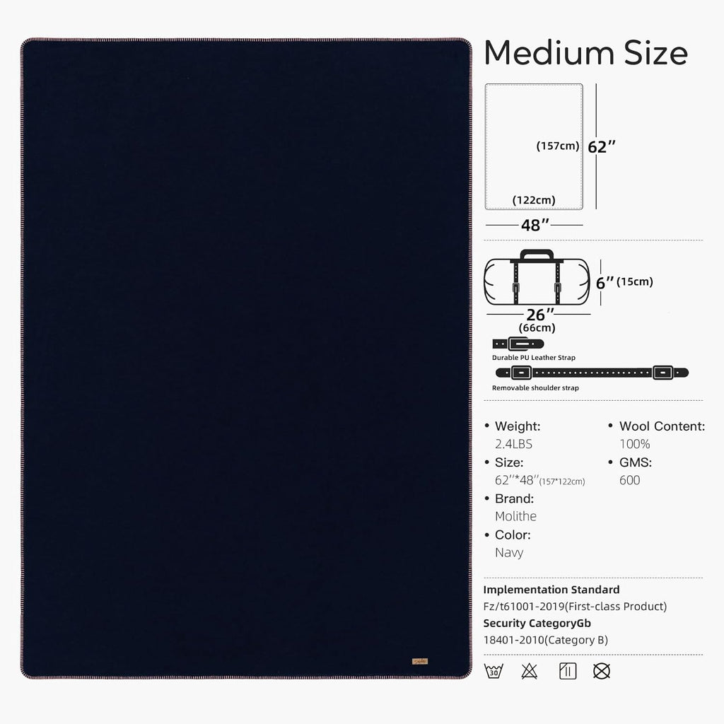 Molithe 100% Wool Blanket, 48" x 62", Warm, Thick, Washable, Military Wool Blanket, Great for Camping, Outdoors, Sporting Events, Survival Kits，Navy