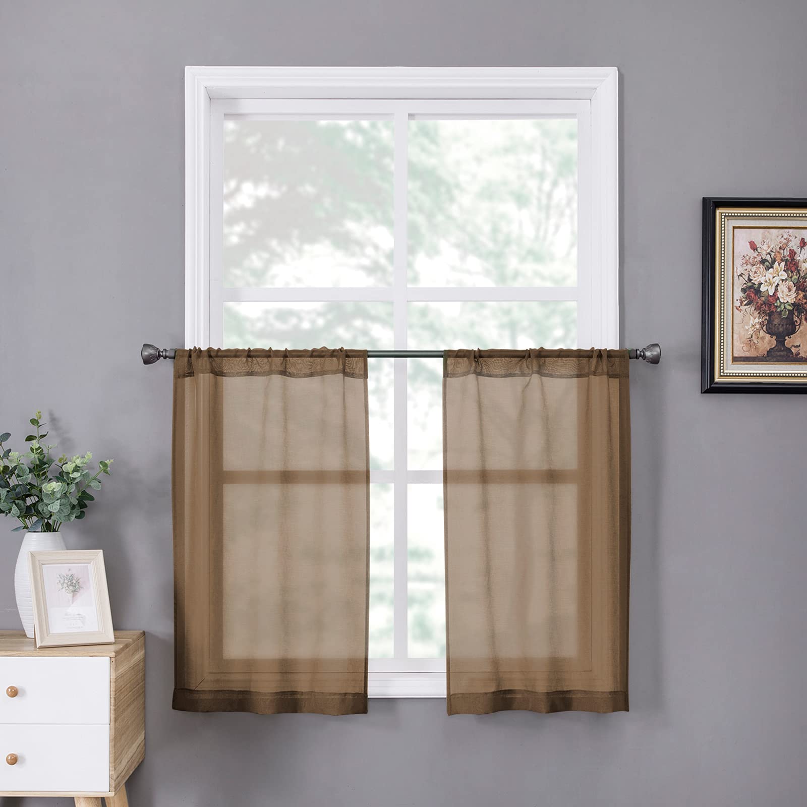 Tollpiz Short Sheer Curtains Linen Textured Bedroom Curtain Sheers Light Filtering Rod Pocket Voile Curtains for Living Room, 54 x 45 inches Long, White, Set of 2 Panels