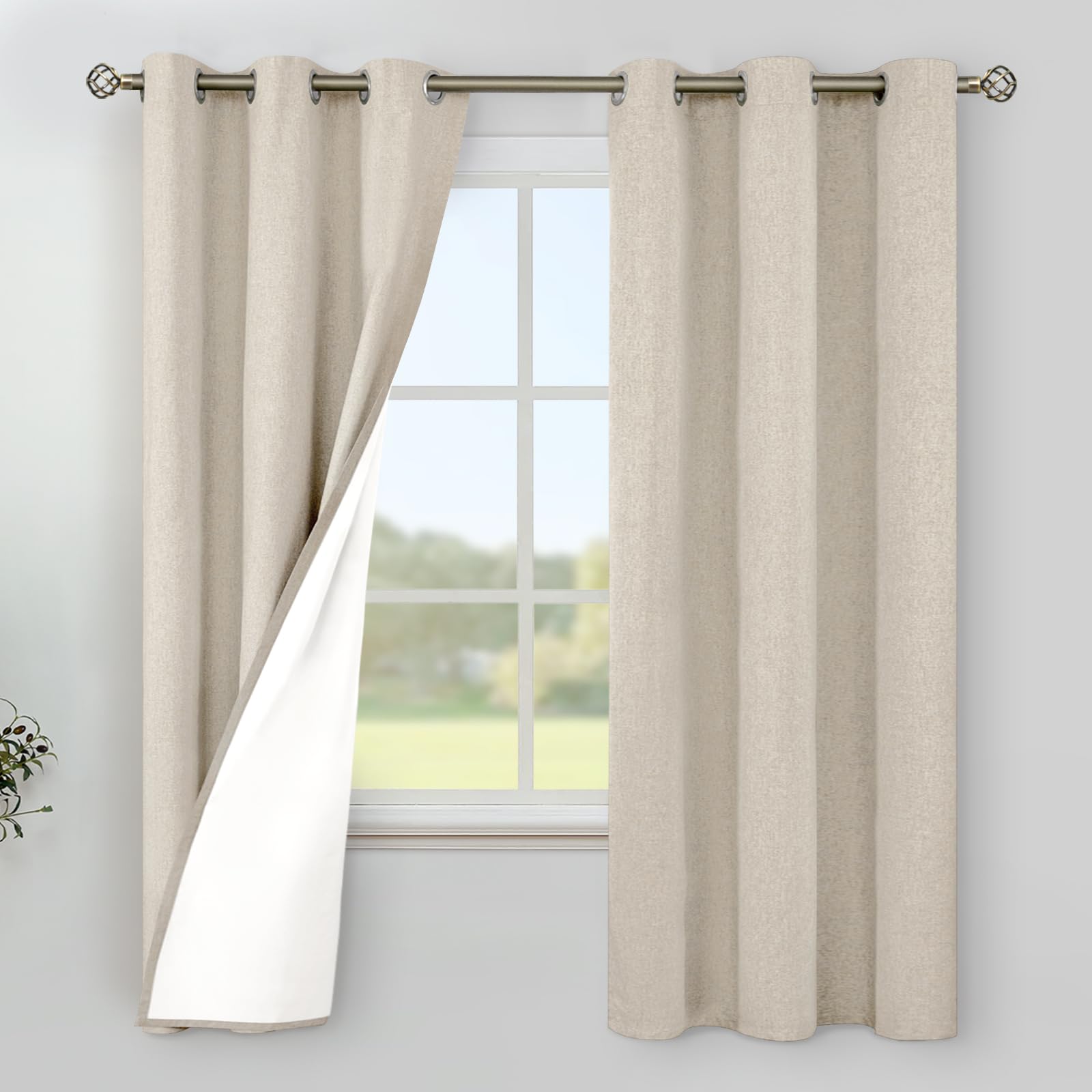 YoungsTex Linen Blackout Curtains 63 Inches Long for Bedroom, Room Darkening Window Drapes with Grommet Thermal Insulated Black Out for Living Room, 2 Panels, 52 X 63 Inch