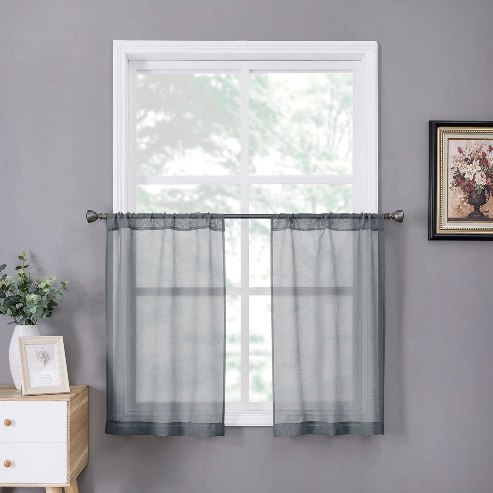 Tollpiz Short Sheer Curtains Linen Textured Bedroom Curtain Sheers Light Filtering Rod Pocket Voile Curtains for Living Room, 54 x 45 inches Long, White, Set of 2 Panels