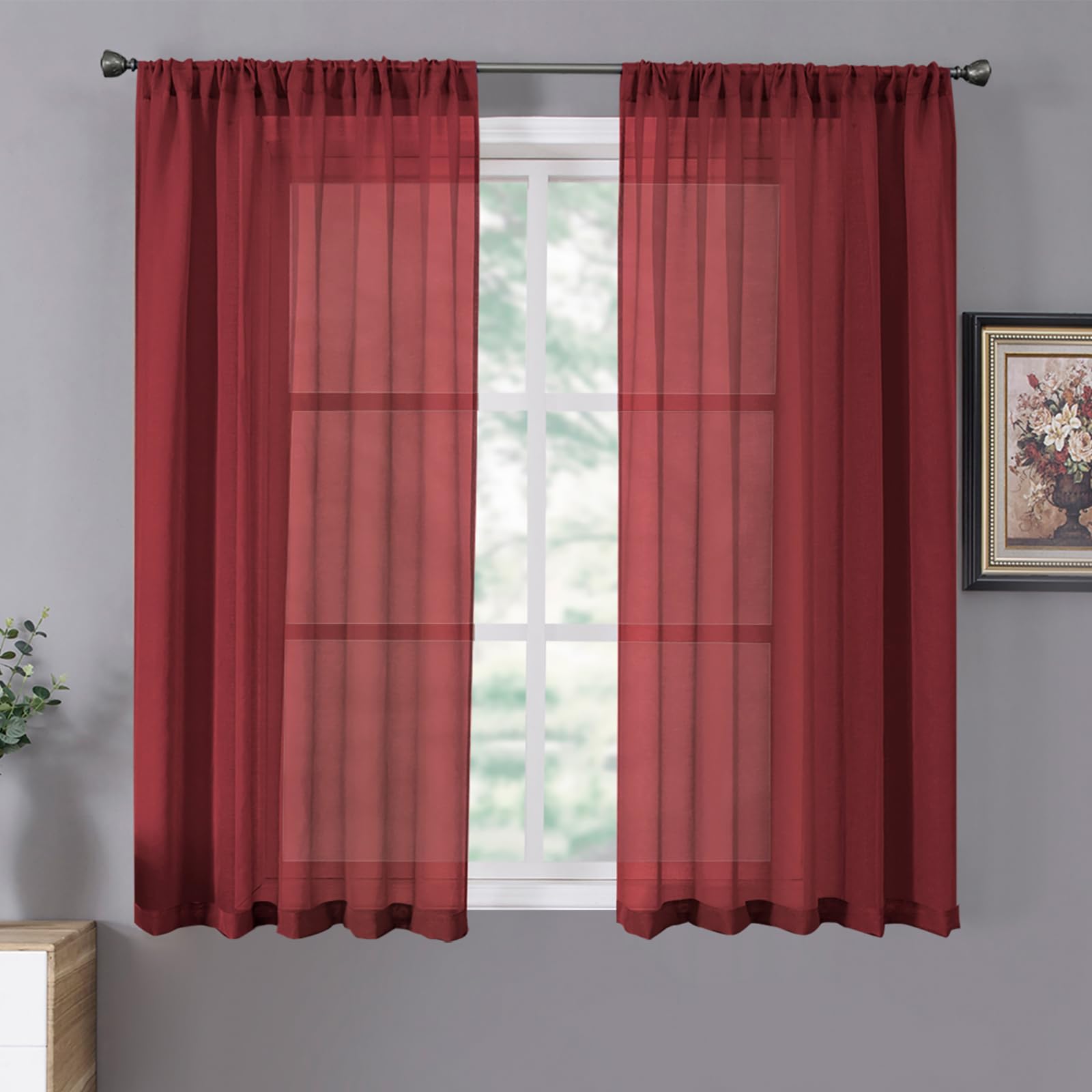 Tollpiz Short Sheer Curtains Linen Textured Bedroom Curtain Sheers Light Filtering Rod Pocket Voile Curtains for Living Room, 54 x 45 inches Long, White, Set of 2 Panels