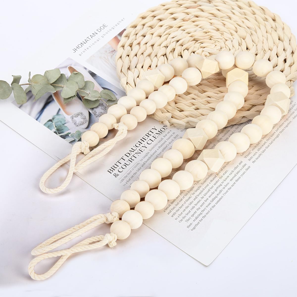 Wood Bead Curtain Tiebacks, KLOGTSIND Set of 2 Curtain Holdbacks for Thin or Thick Window Draperies, Boho Farmhouse Curtain Tiebacks with Hooks, Curtain Tie Backs for Home Office Room Decor