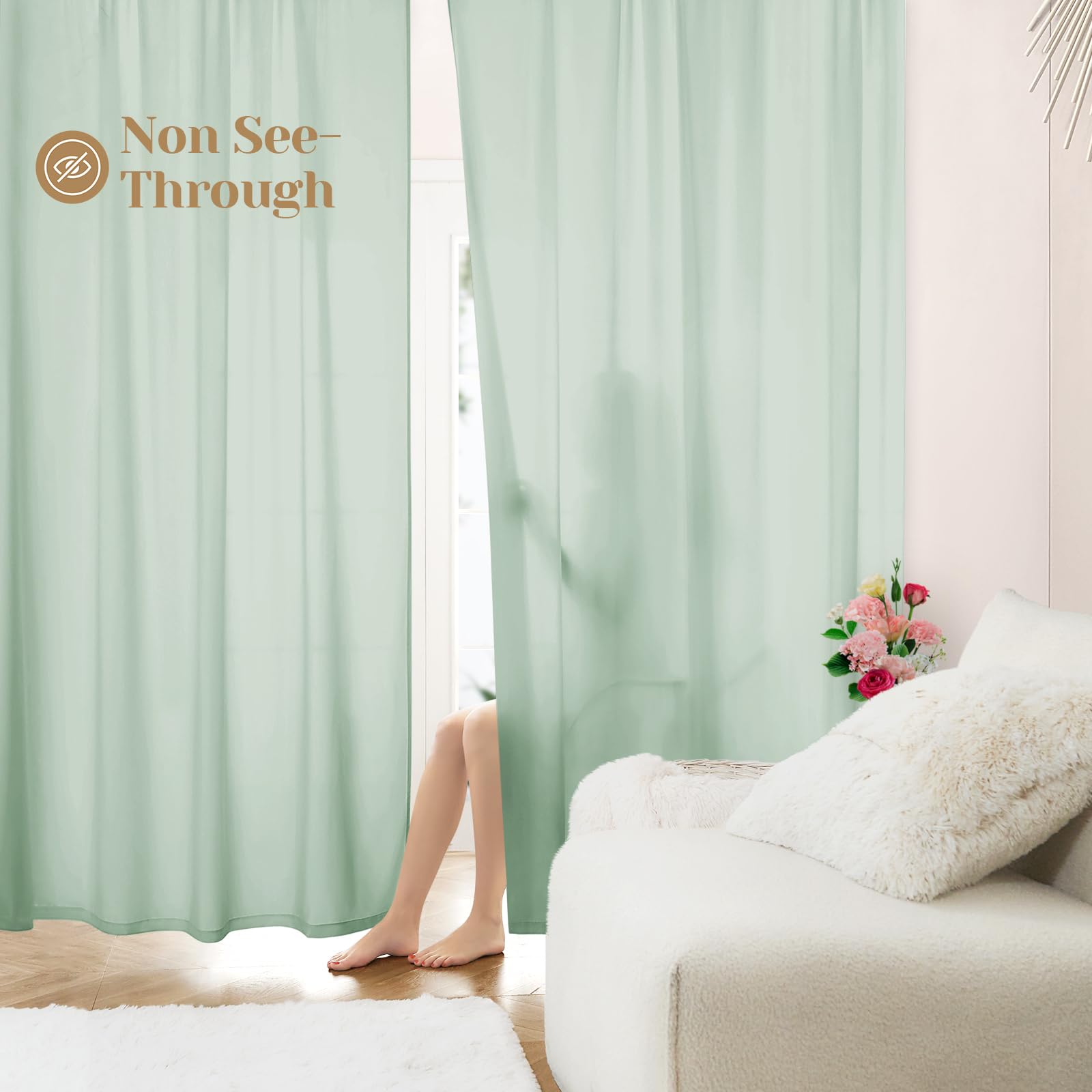 HOMEIDEAS Non-See-Through White Privacy Sheer Curtains 52 X 84 Inches Long 2 Panels Sheer Curtains Light Filtering Window Curtains Drapes for Bedroom Living Room