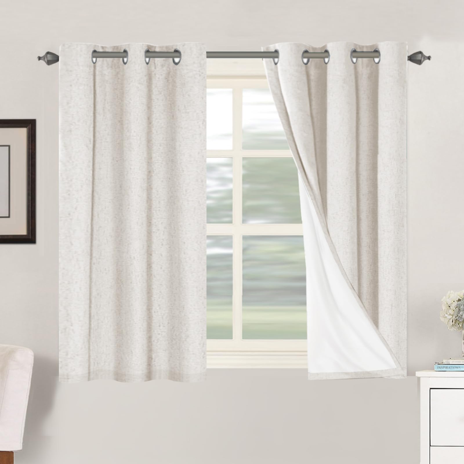 H.VERSAILTEX 100% Blackout Curtains Ivory, Linen Blackout Curtains 96 inch Curtains 2 Panel Set, Elegant Curtain for Bedroom Grommet Drapes for Living Room