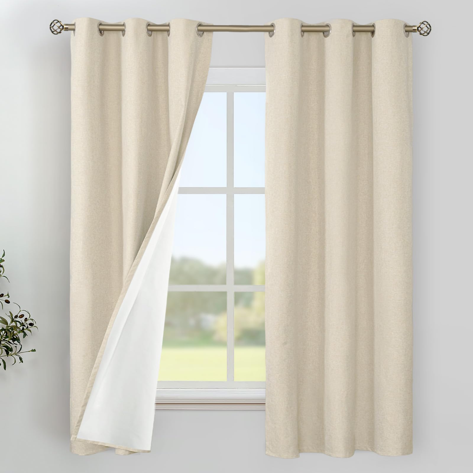 YoungsTex Linen Blackout Curtains 63 Inches Long for Bedroom, Room Darkening Window Drapes with Grommet Thermal Insulated Black Out for Living Room, 2 Panels, 52 X 63 Inch
