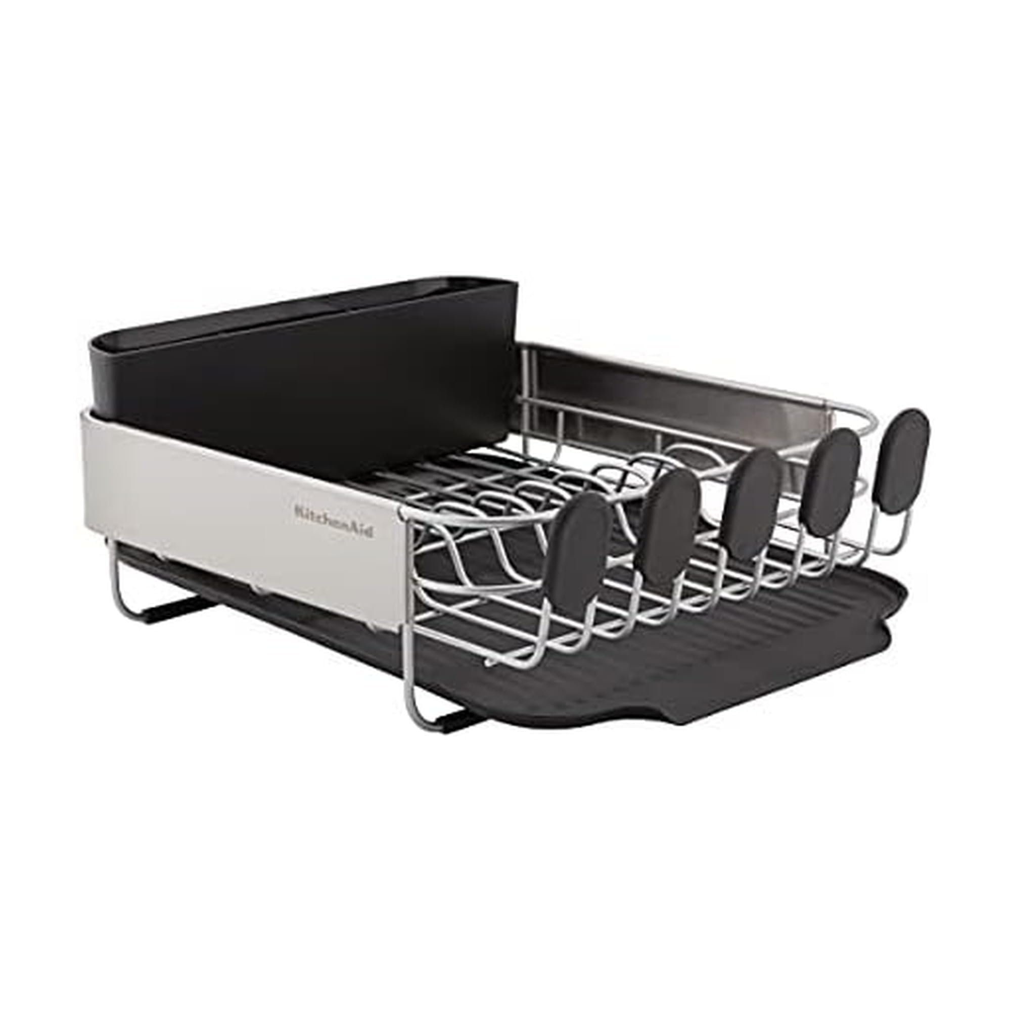 KitchenAid Large Capacity Full Size Rust Resistant Dish Rack with Angled Drain Board and Removable Flatware Caddy, Light Grey