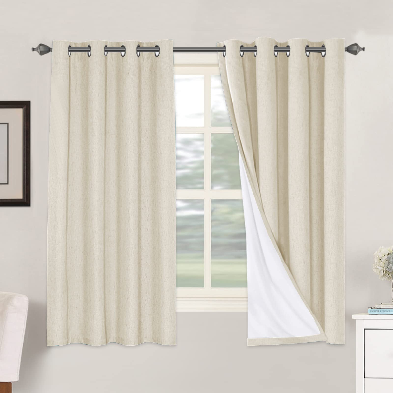 H.VERSAILTEX 100% Blackout Curtains Ivory, Linen Blackout Curtains 96 inch Curtains 2 Panel Set, Elegant Curtain for Bedroom Grommet Drapes for Living Room