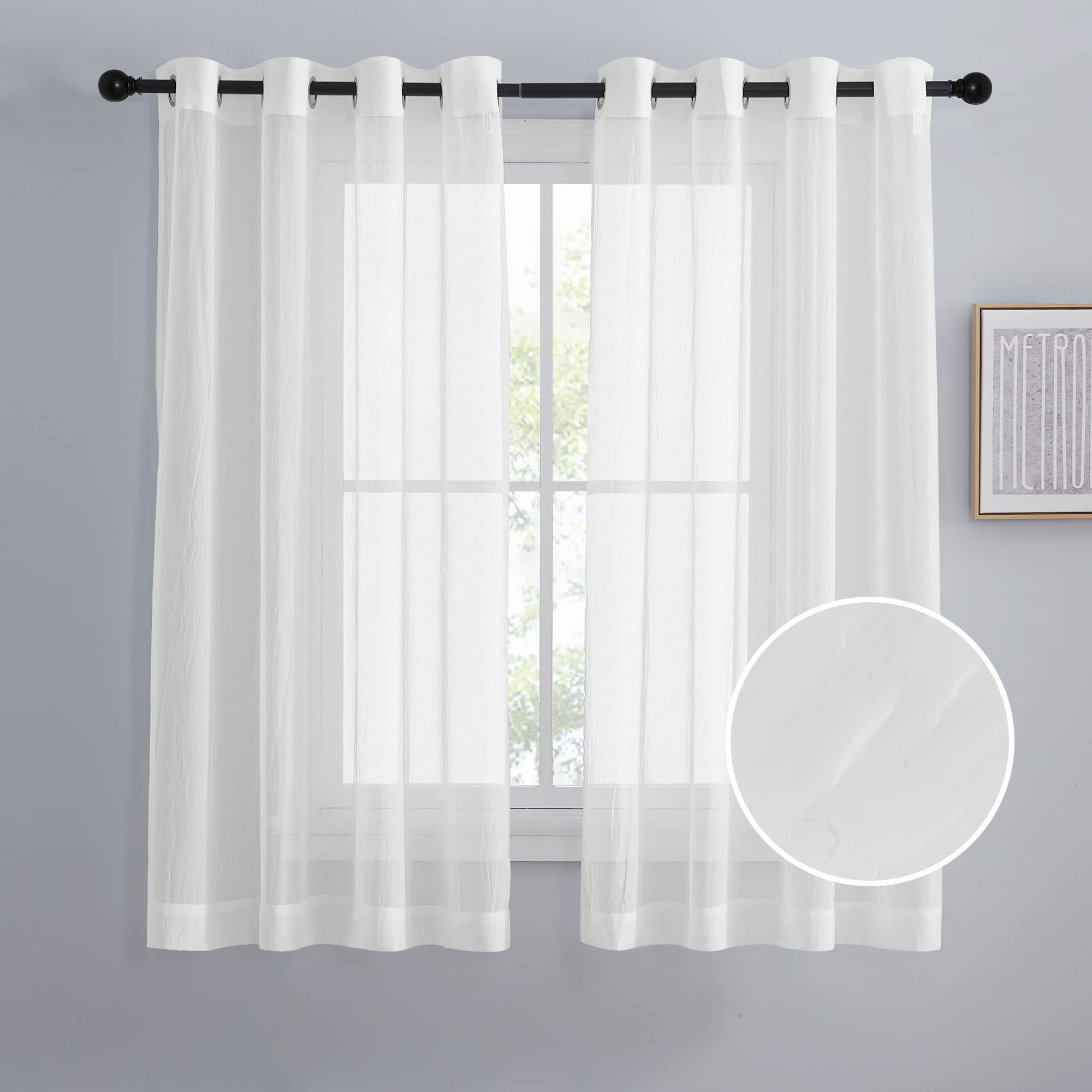 NICETOWN Crushed Voile Sheer Curtains for Big Windows, Grommet Top Crinkled Sheer Voile Window Treatment Light and Airy Drapes for Parlor/Porch (Set of 2, 52" Width x 95" Length, White)