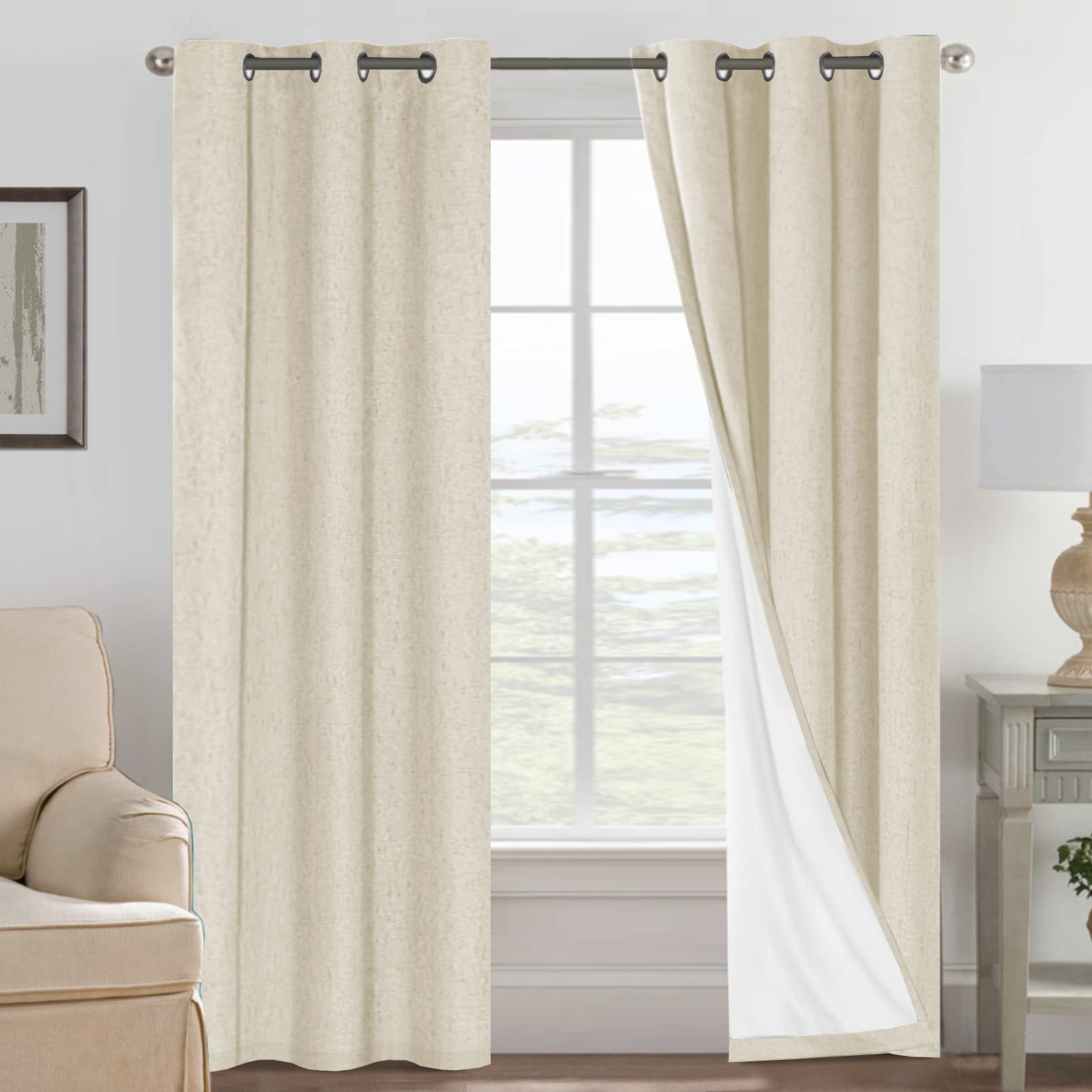 H.VERSAILTEX 100% Blackout Curtains Ivory, Linen Blackout Curtains 96 inch Curtains 2 Panel Set, Elegant Curtain for Bedroom Grommet Drapes for Living Room