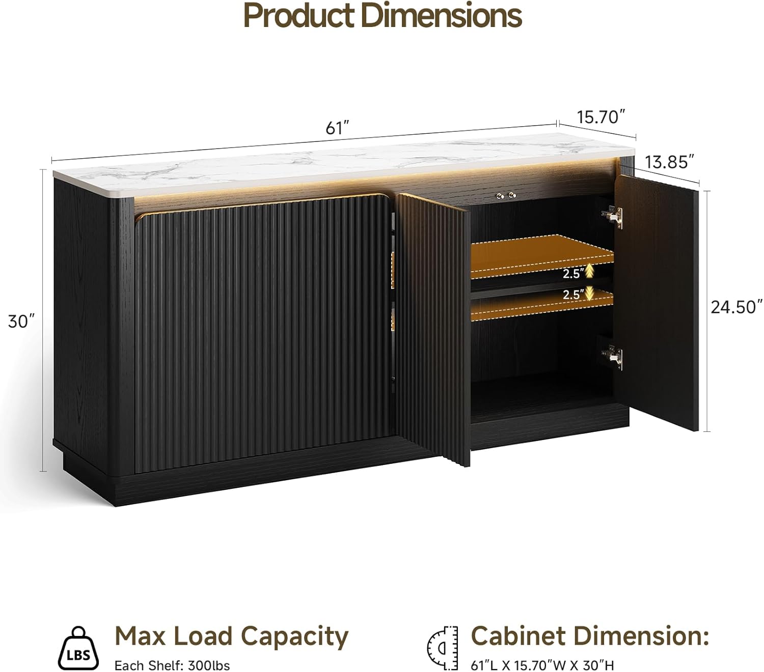 ONBRILL 61" Fluted Buffet Cabinet with Faux Marble Top and LED Light, Curved Sideboard Cabinet with Storage, Coffee Bar with 4 Doors and 2 Adjustable Shelves for Living Room, Kitchen, Entryway (Black)