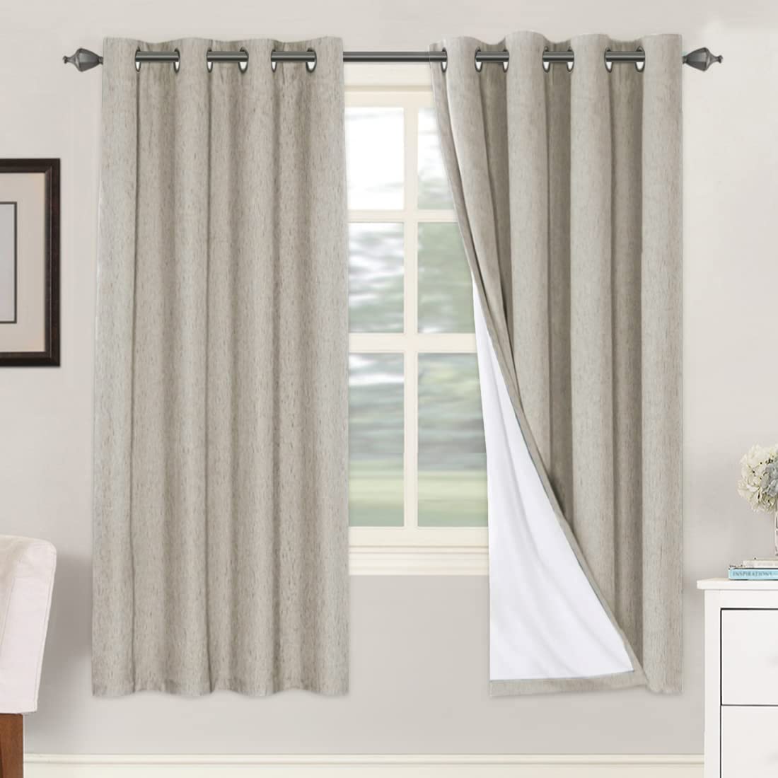 H.VERSAILTEX 100% Blackout Curtains Ivory, Linen Blackout Curtains 96 inch Curtains 2 Panel Set, Elegant Curtain for Bedroom Grommet Drapes for Living Room
