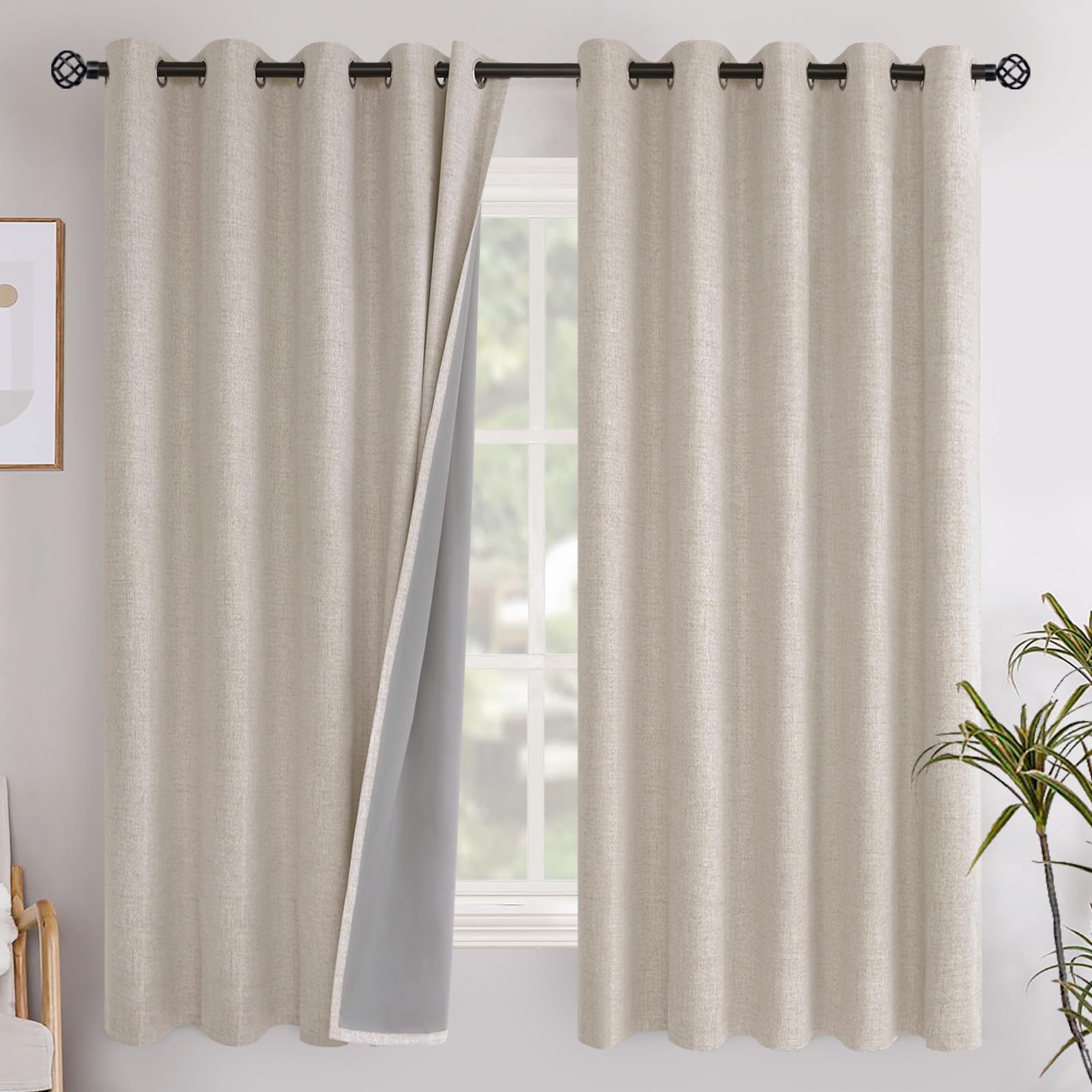 YoungsTex Linen Blackout Curtains 63 Inch Length for Bedroom, Room Darkening Window Drapes with Grommet Thermal Insulated Black Out Blinds for Living Room, 2 Panels, 52 X 63 Inch, Beige