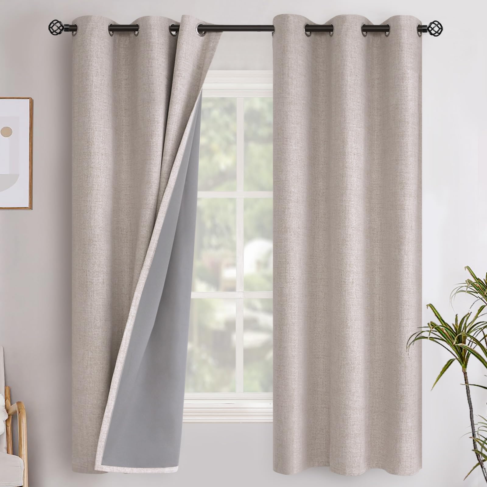 YoungsTex Linen Blackout Curtains 63 Inch Length for Bedroom, Room Darkening Window Drapes with Grommet Thermal Insulated Black Out Blinds for Living Room, 2 Panels, 52 X 63 Inch, Beige