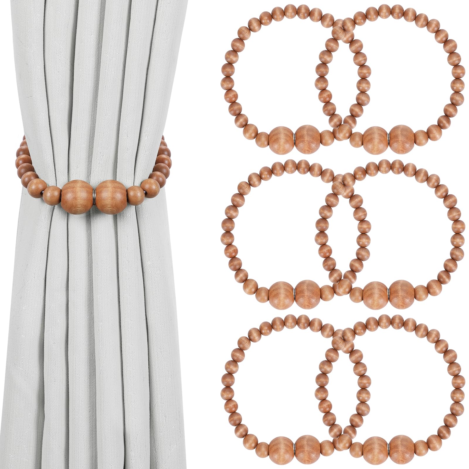 Magnetic Curtain Tiebacks, 2 Pack Curtain Holdbacks for Draperies, Wood Bead Curtain Tiebacks, Elegant Curtain Tie Backs for Bedroom Decor, Boho Room Decor, Nursery Decor, Farmhouse Decor