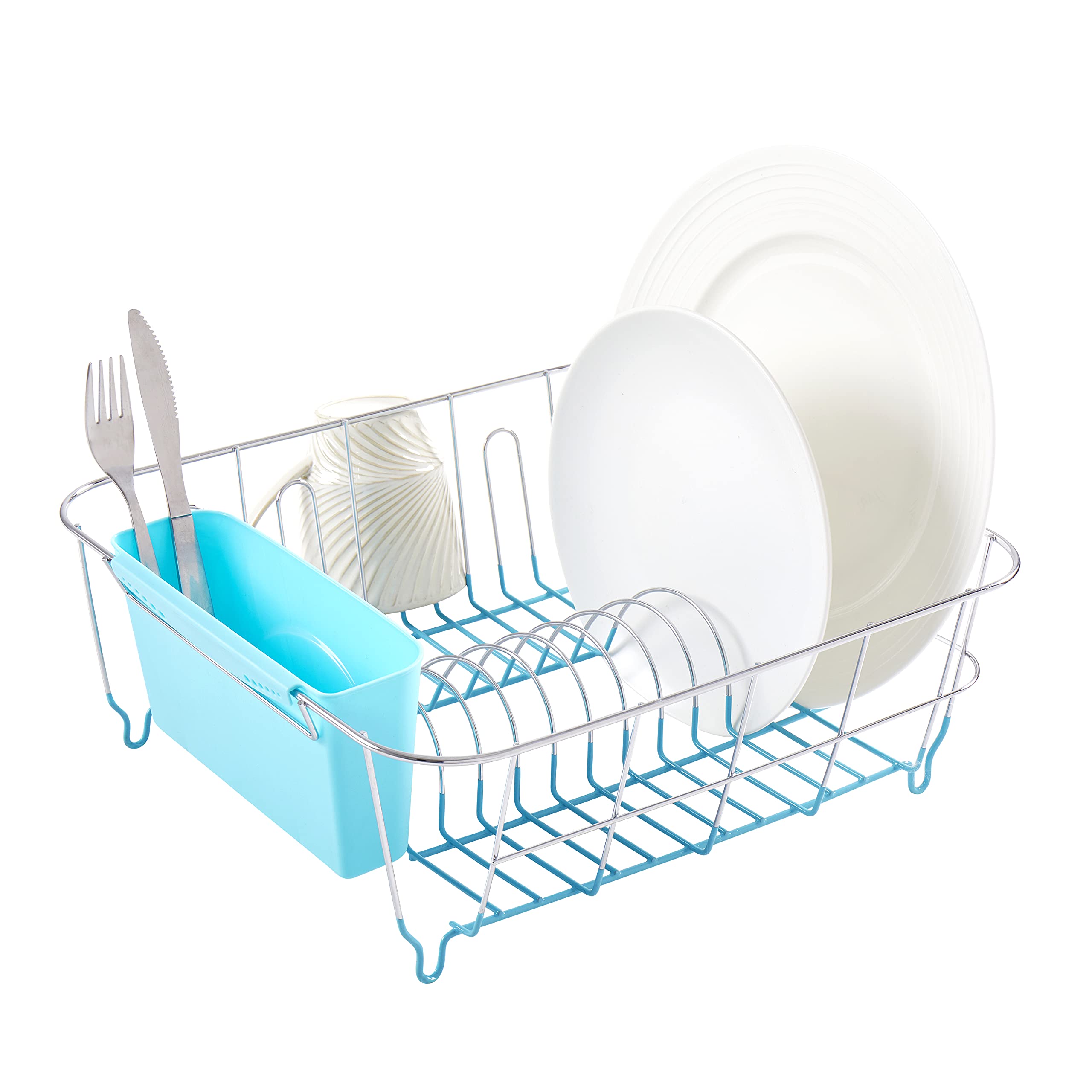 Dish Drying Rack & Cutlery Holder 2 Piece Set - Compact Sink-Fitting Dish Drainer with Rubberized Undercoating, Space-Saving Kitchen Organizer for Plates, Cups, Bowls & Utensils in Sink, Silver