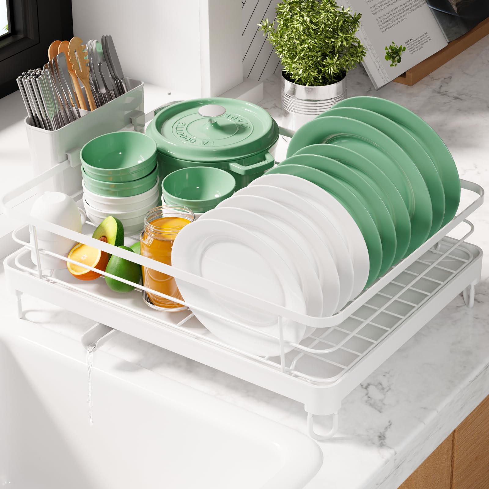 Kitsure Dish Drying Rack for Kitchen Counter, Stainless Steel Sink Organization and Storage Essentials with Cutlery Holder, Home and Appartment Decor, 12''W x 15.5''L, Black