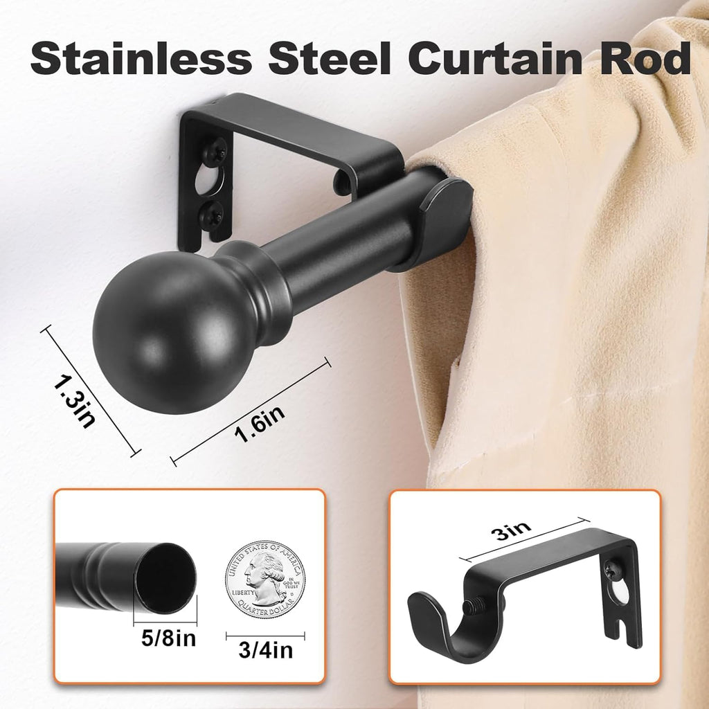Black Curtain Rods 2 Packs for Windows 36"- 48", Decorative Drapery Rod Adjustable, 5/8 inch Small Curtain Rod for Bedroom, Living Room, Kitchen and Outdoors