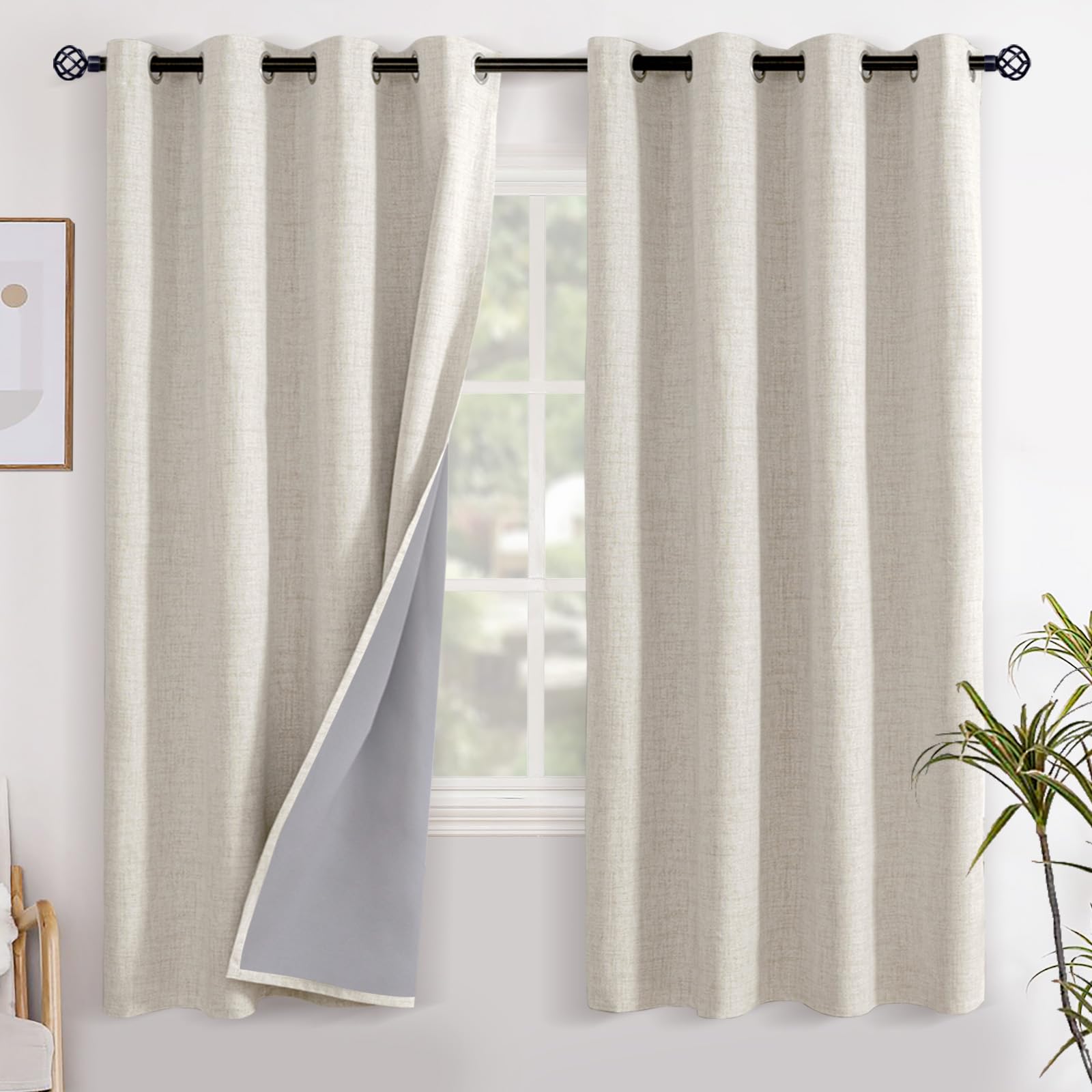 YoungsTex Linen Blackout Curtains 63 Inch Length for Bedroom, Room Darkening Window Drapes with Grommet Thermal Insulated Black Out Blinds for Living Room, 2 Panels, 52 X 63 Inch, Beige