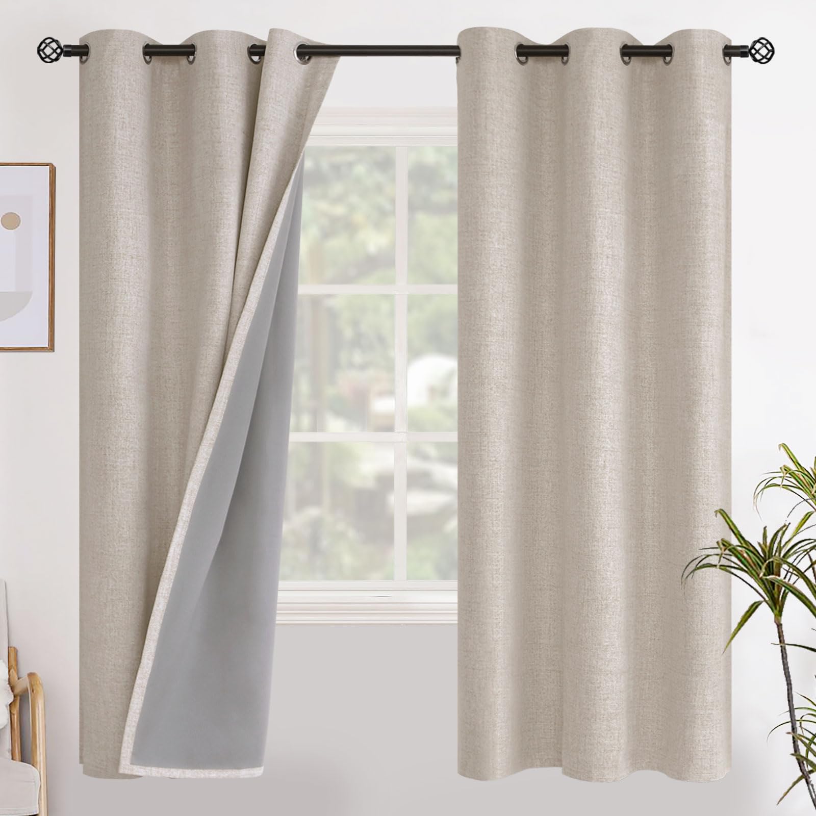YoungsTex Linen Blackout Curtains 63 Inch Length for Bedroom, Room Darkening Window Drapes with Grommet Thermal Insulated Black Out Blinds for Living Room, 2 Panels, 52 X 63 Inch, Beige
