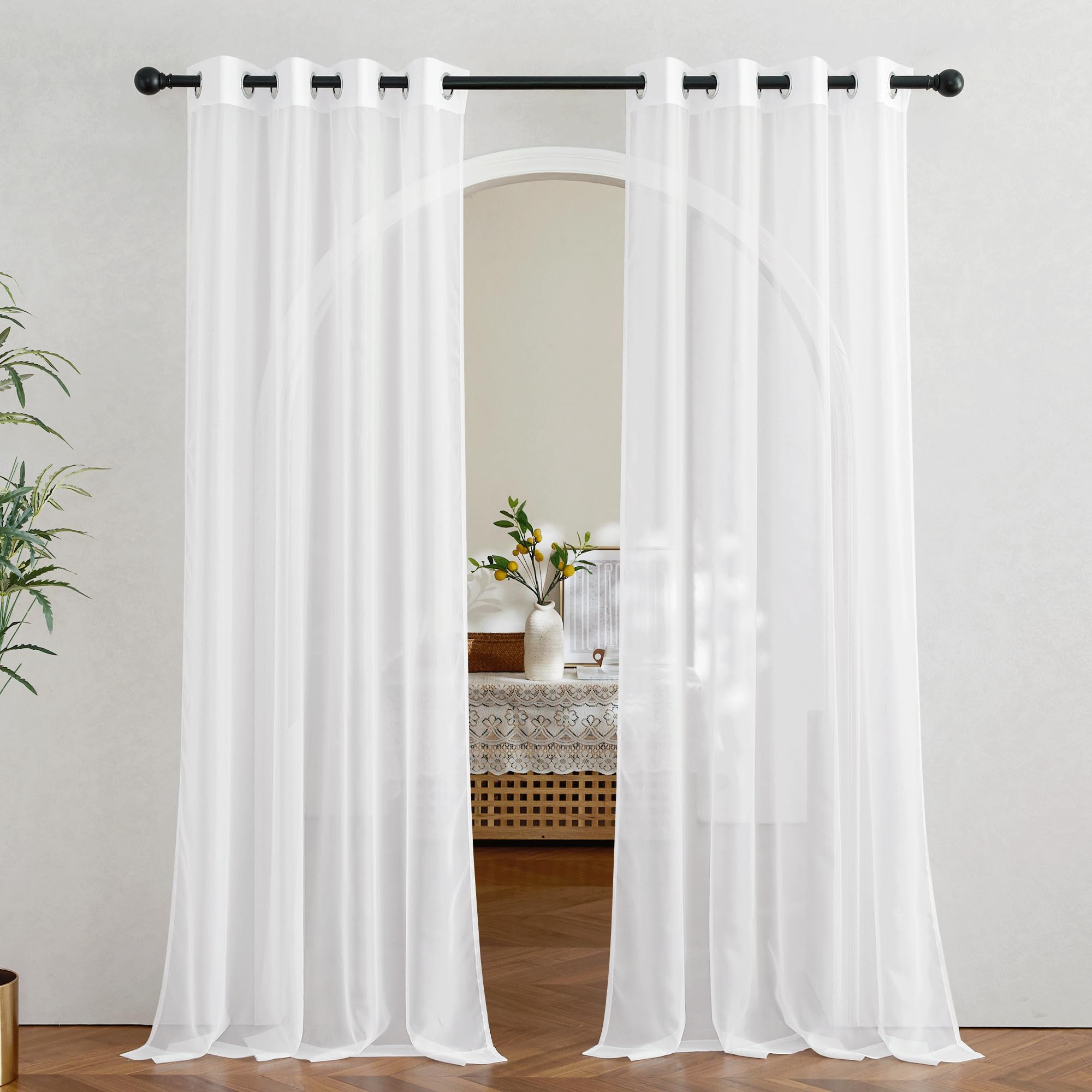 NICETOWN Sheer Curtains Panel 72" Long - Ring Top Window Treatment Sheer Voile Drapes for Bedroom/Living Room (White, Set of 2, W54 x L72)