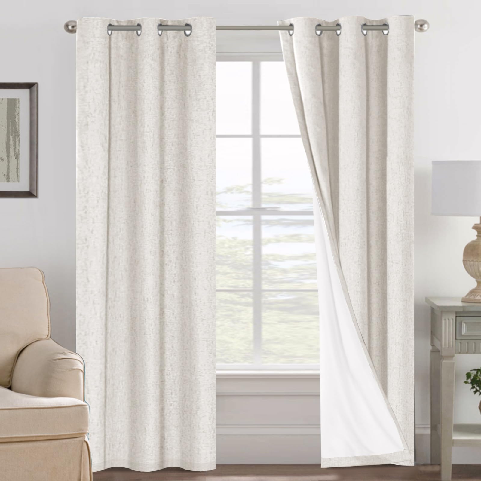 H.VERSAILTEX 100% Blackout Curtains Ivory, Linen Blackout Curtains 96 inch Curtains 2 Panel Set, Elegant Curtain for Bedroom Grommet Drapes for Living Room