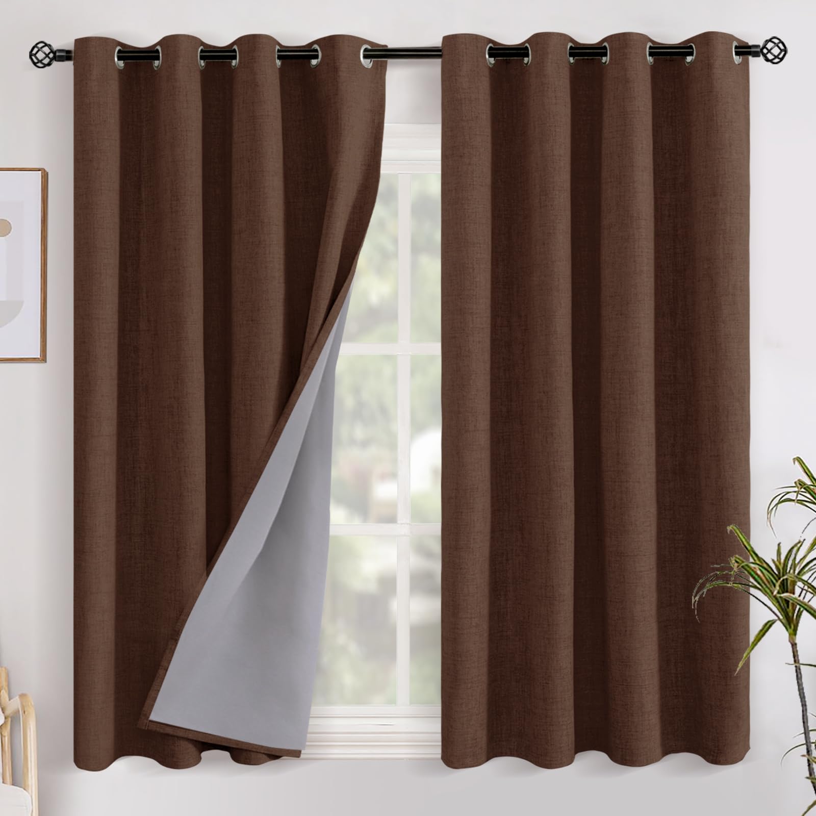 YoungsTex Linen Blackout Curtains 63 Inch Length for Bedroom, Room Darkening Window Drapes with Grommet Thermal Insulated Black Out Blinds for Living Room, 2 Panels, 52 X 63 Inch, Beige
