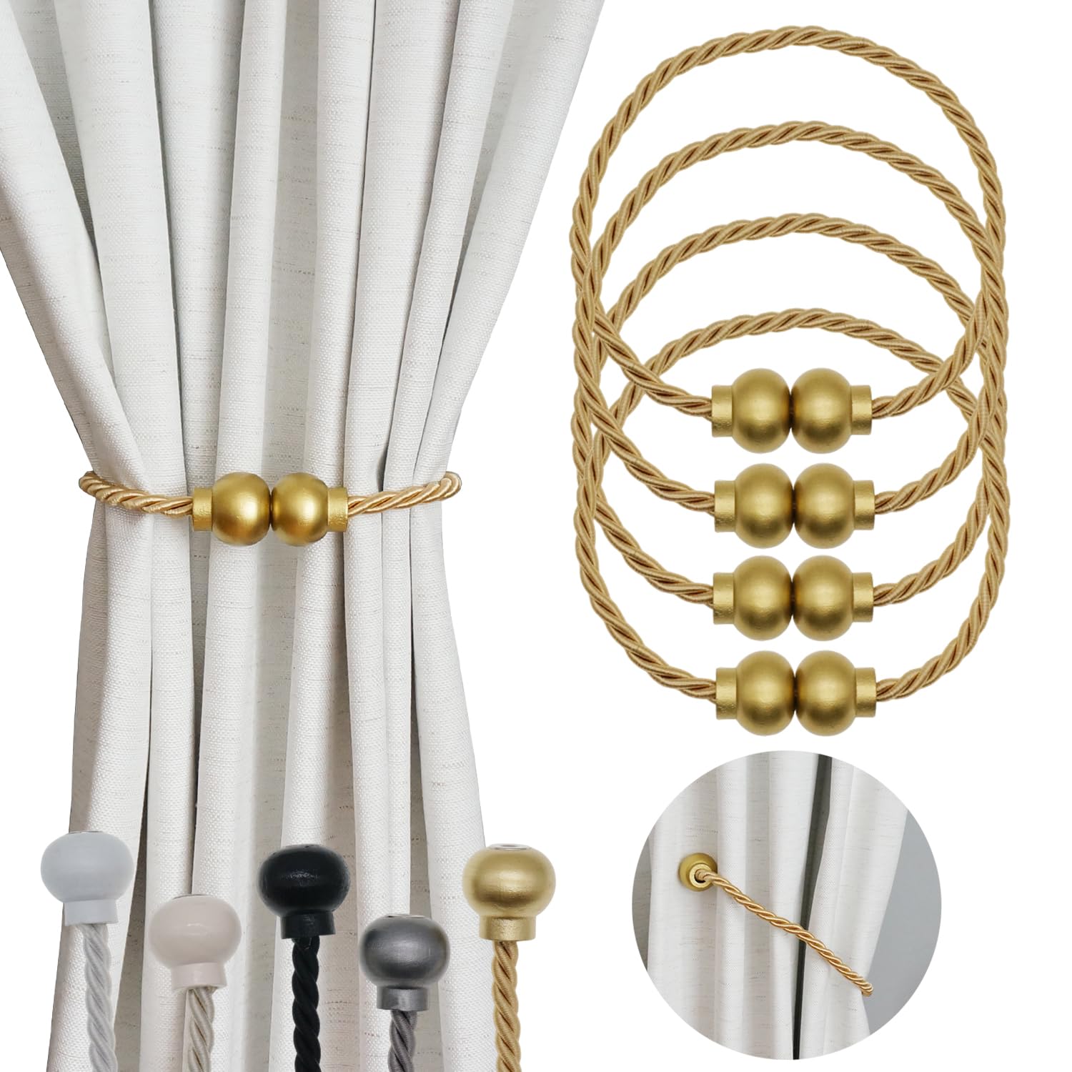 2 Pack Magnetic Curtain Tiebacks Modern Handmade Rope Curtain Tie Backs Decorative Drapes Weave Holdbacks for Home Outdoor Bedroom Office Decorative Curtain, Gold
