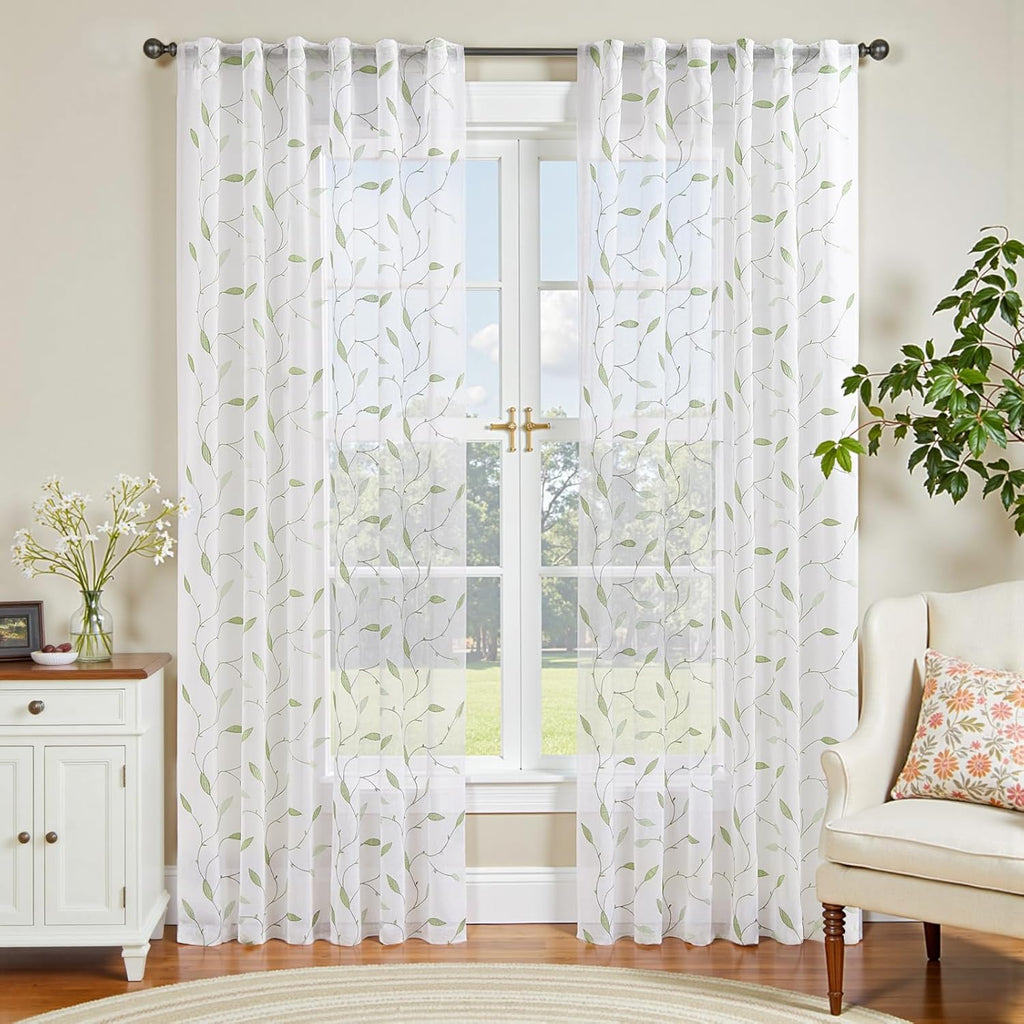 Lazzzy Sheer Curtains Embroidered Floral Leaf Voile Drapes for Bedroom Living Room Back Tabs Window Treatments 2 Panels 84 Inches Green on White