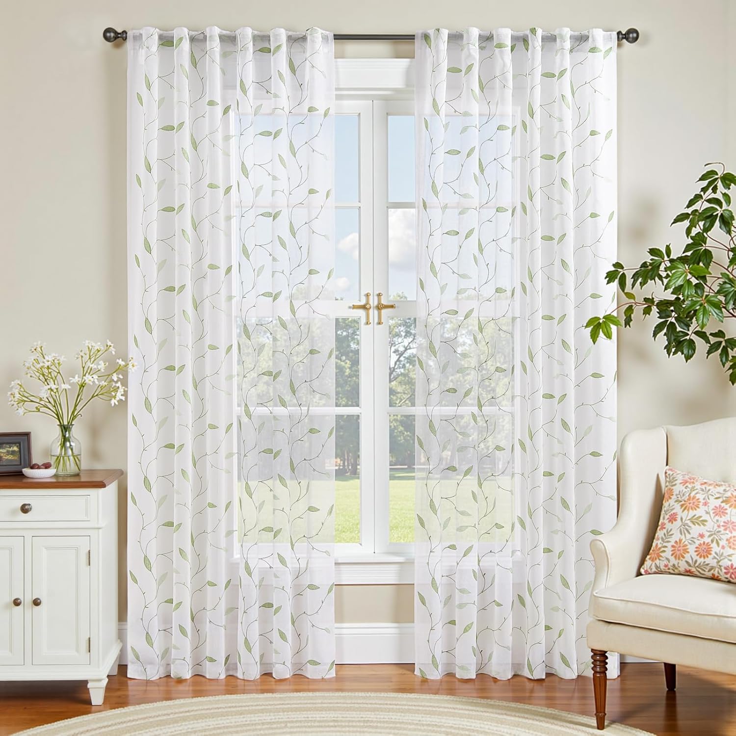 Lazzzy Sheer Curtains Embroidered Floral Leaf Voile Drapes for Bedroom Living Room Back Tabs Window Treatments 2 Panels 84 Inches Green on White