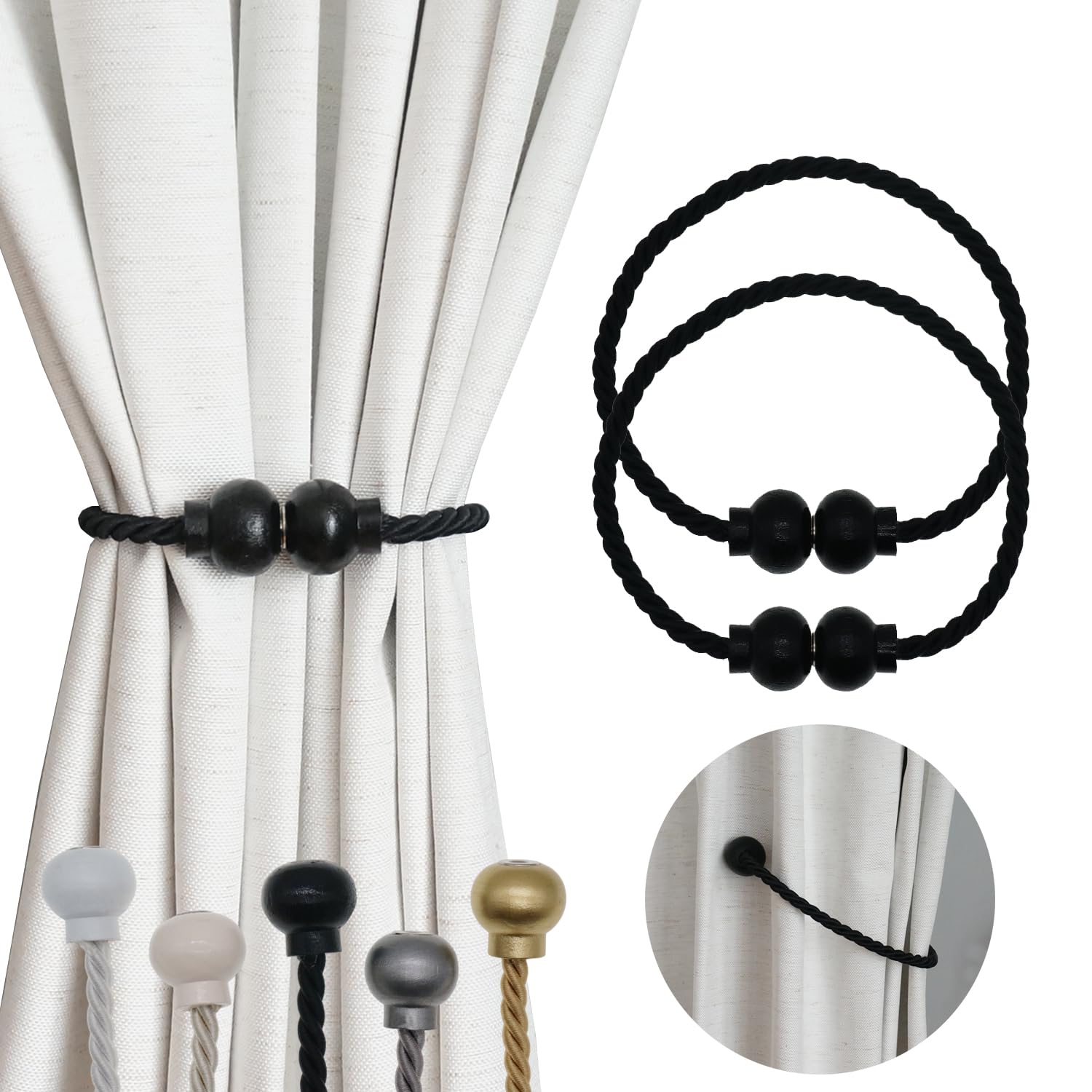 2 Pack Magnetic Curtain Tiebacks Modern Handmade Rope Curtain Tie Backs Decorative Drapes Weave Holdbacks for Home Outdoor Bedroom Office Decorative Curtain, Gold