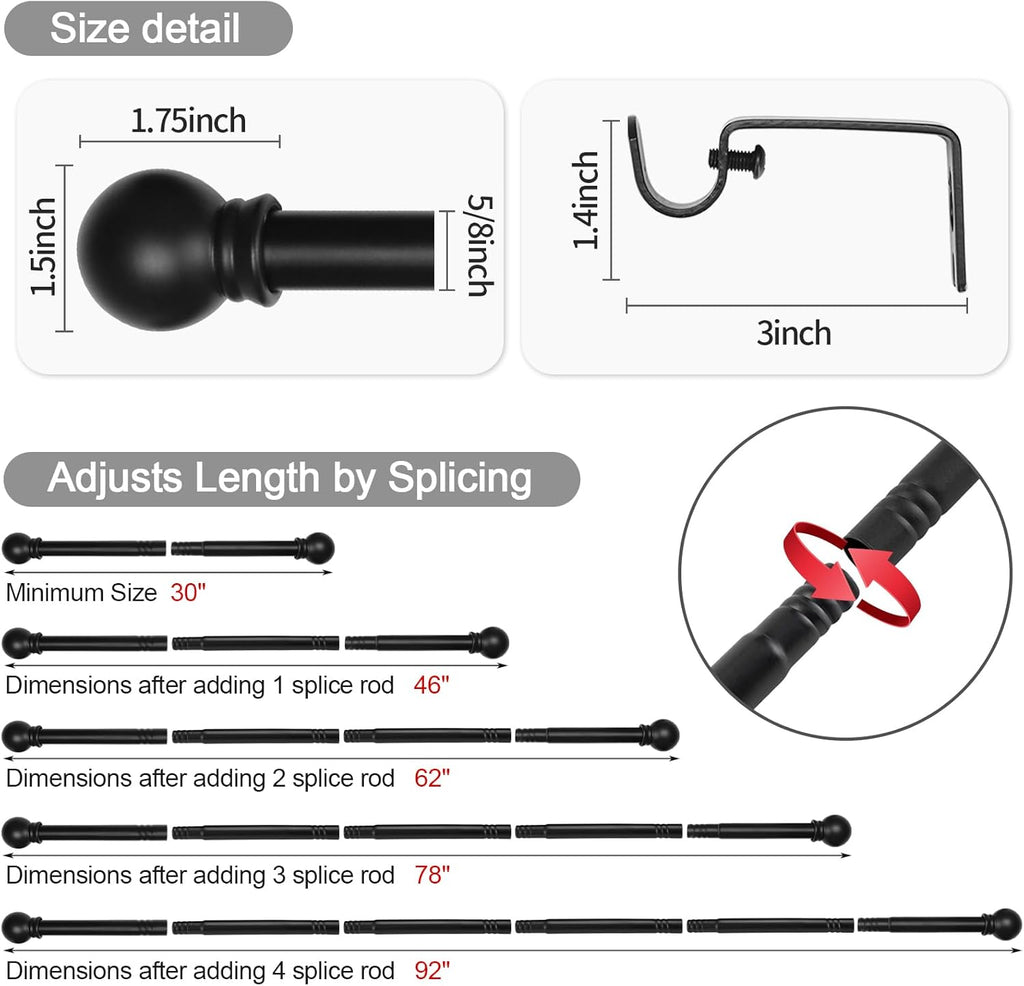 Thestoa 2 pack Black Curtain Rods for Windows 48 to 92 inch, Adjusts Length by Splicing, 5/8" Diameter Matte Black Small Curtain Rods for Bedroom, Living Room, Kitchen, Outdoor, Farmhouse