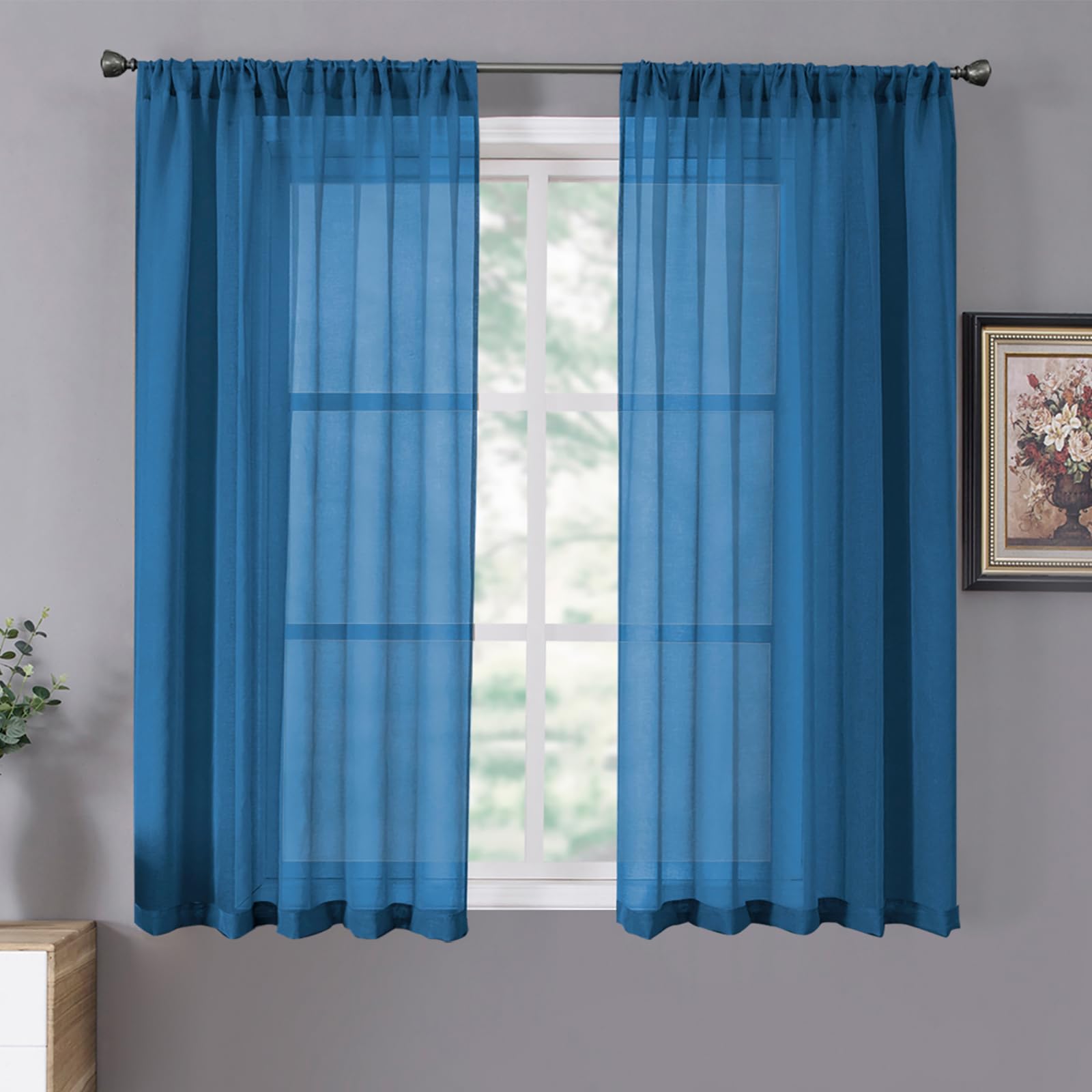 Tollpiz Short Sheer Curtains Linen Textured Bedroom Curtain Sheers Light Filtering Rod Pocket Voile Curtains for Living Room, 54 x 45 inches Long, White, Set of 2 Panels