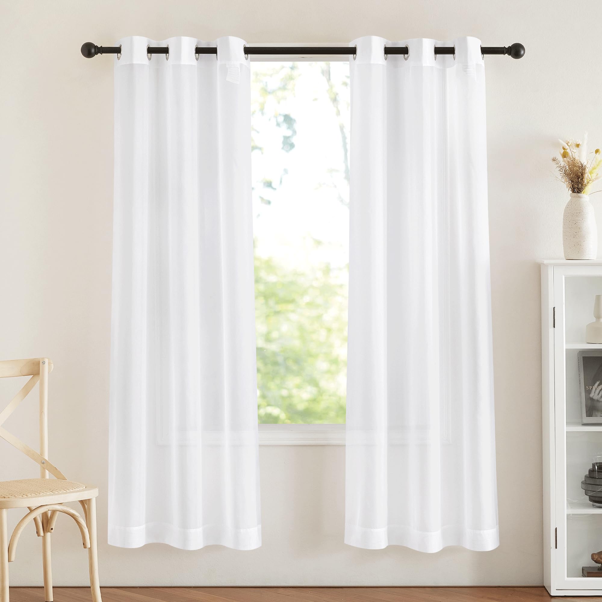NICETOWN Sheer Curtains Panel 72" Long - Ring Top Window Treatment Sheer Voile Drapes for Bedroom/Living Room (White, Set of 2, W54 x L72)