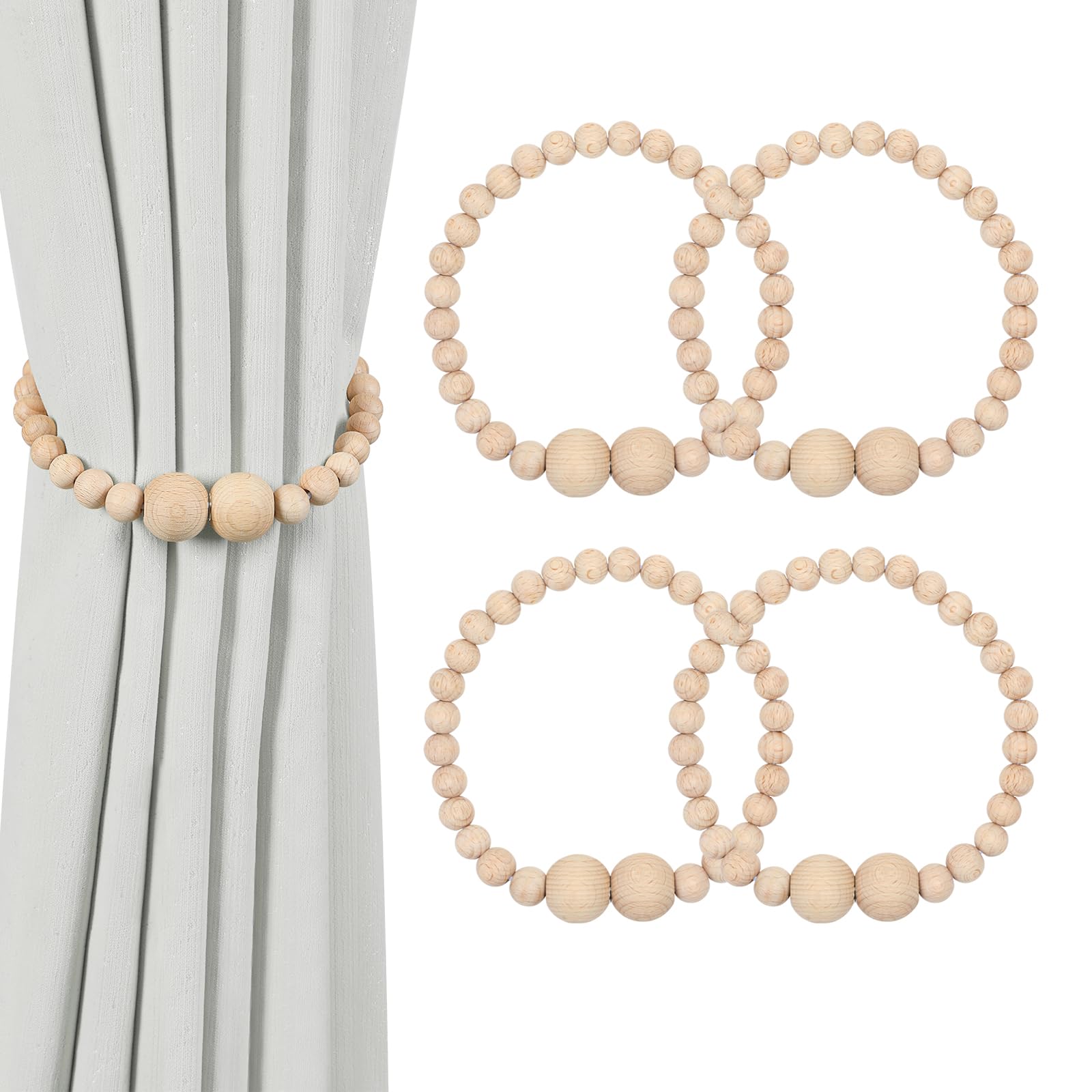 Magnetic Curtain Tiebacks, 2 Pack Curtain Holdbacks for Draperies, Wood Bead Curtain Tiebacks, Elegant Curtain Tie Backs for Bedroom Decor, Boho Room Decor, Nursery Decor, Farmhouse Decor