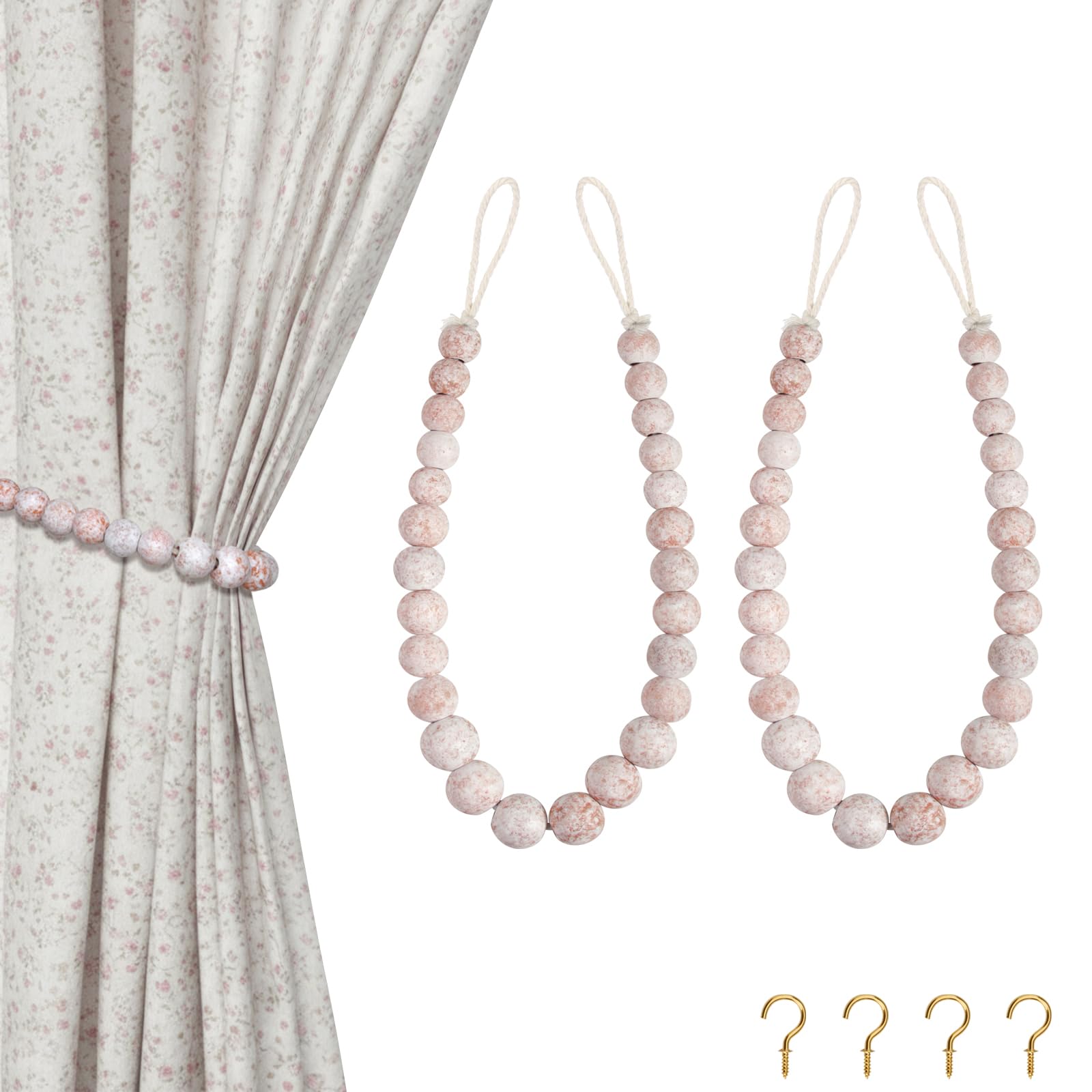 Hion 2 Pcs Boho Curtain Tiebacks,Wood Beads Curtain Holdbacks,Outdoor Farmhouse Tie Backs for Curtains,Curtain Holders for Drapes Home Office Decor with Hooks(Wood Color)