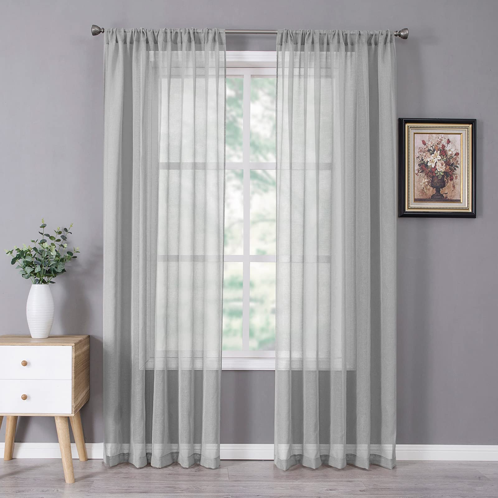 Tollpiz Short Sheer Curtains Linen Textured Bedroom Curtain Sheers Light Filtering Rod Pocket Voile Curtains for Living Room, 54 x 45 inches Long, White, Set of 2 Panels