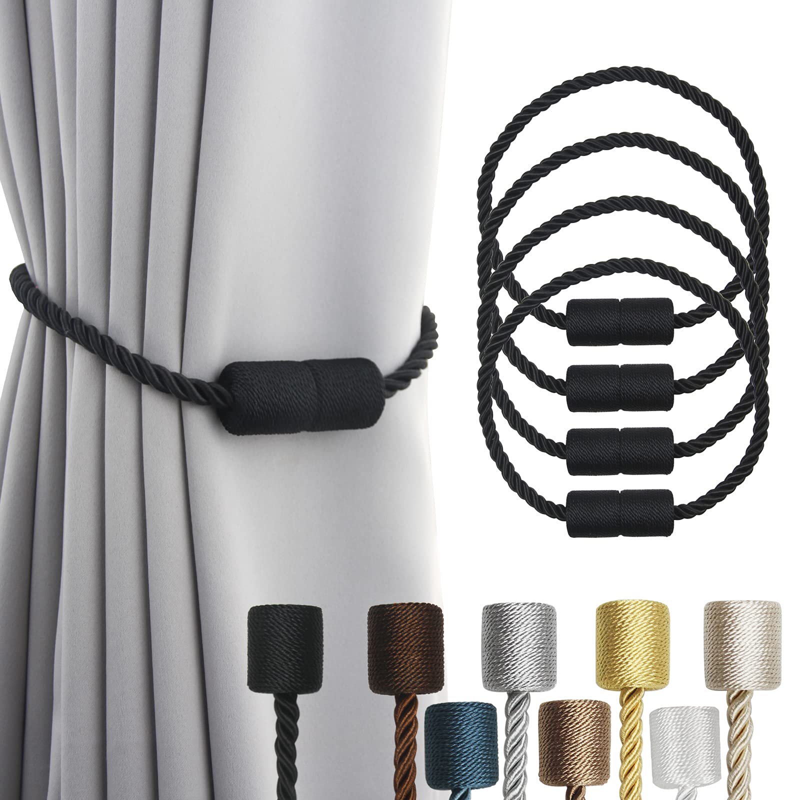 2 Pack Black Magnetic Rope Curtain Tiebacks