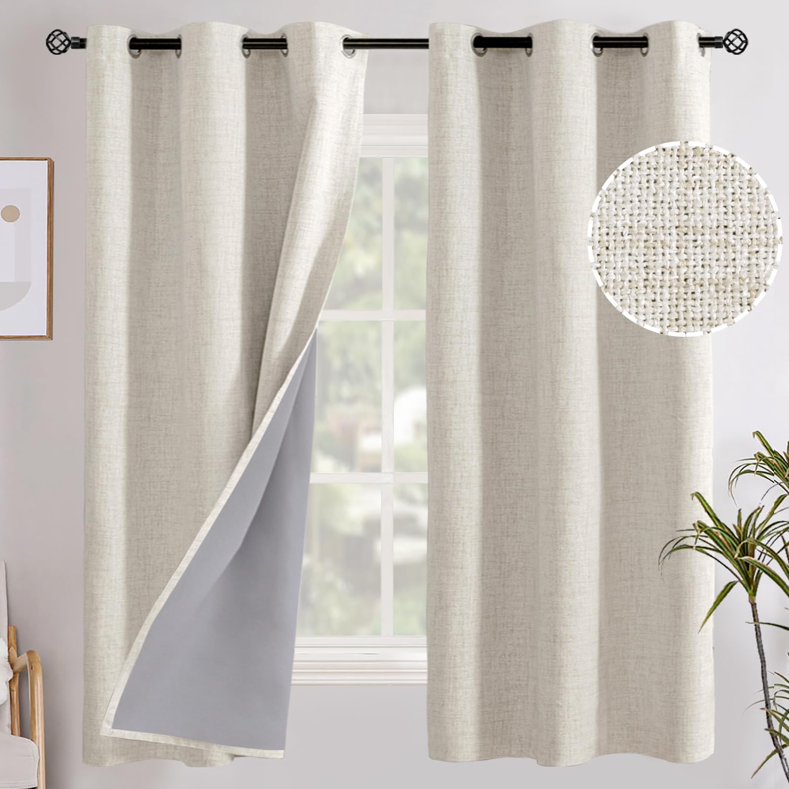 YoungsTex Linen Blackout Curtains 63 Inch Length for Bedroom, Room Darkening Window Drapes with Grommet Thermal Insulated Black Out Blinds for Living Room, 2 Panels, 52 X 63 Inch, Beige