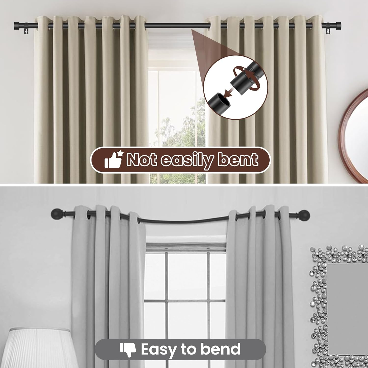 Black Curtain Rods for Windows 28 to 48 Inch,2 Pack 5/8 Inch Diameter Small Curtain Rod Set,Heavy Duty Drapery Rods with Brackets for Bedroom, Living Room, Kitchen,Patio