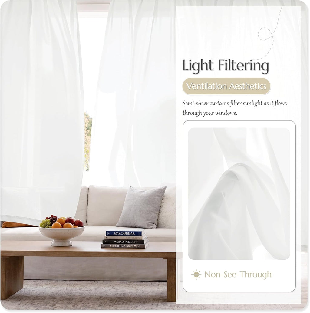 Beauoop Soft White Semi Sheer Curtains 84 Inches Long 2 Panels for Living Room Bedroom Faux Silk Light Filtering Non-See-Through Privacy Airy Rod Pocket Voile Window Treatment Drapes, 52x84 Set of 2