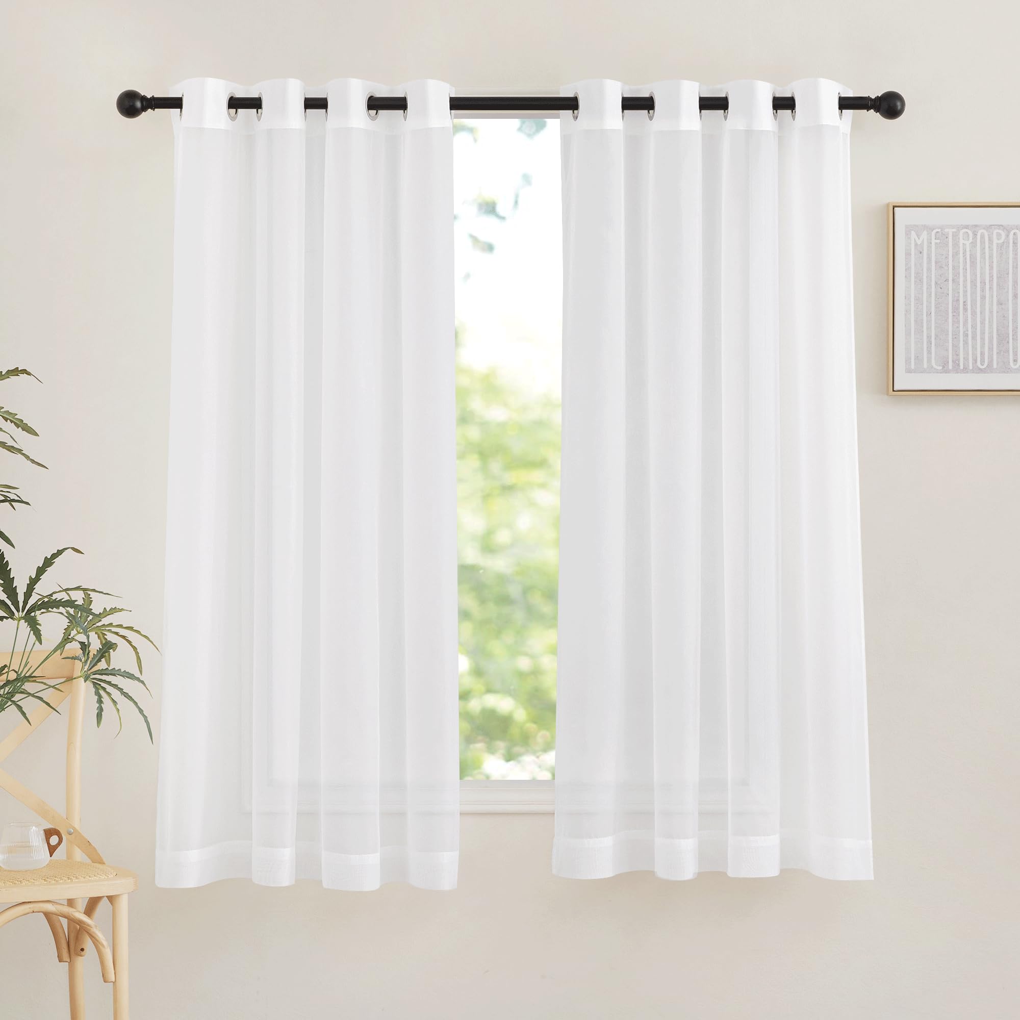 NICETOWN Sheer Curtains Panel 72" Long - Ring Top Window Treatment Sheer Voile Drapes for Bedroom/Living Room (White, Set of 2, W54 x L72)