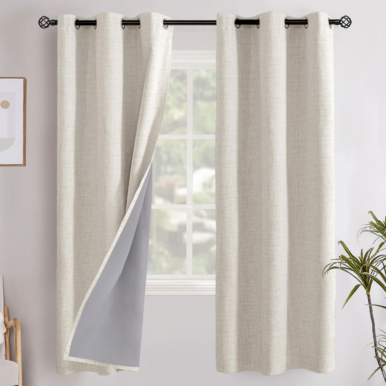 YoungsTex Linen Blackout Curtains 63 Inch Length for Bedroom, Room Darkening Window Drapes with Grommet Thermal Insulated Black Out Blinds for Living Room, 2 Panels, 52 X 63 Inch, Beige