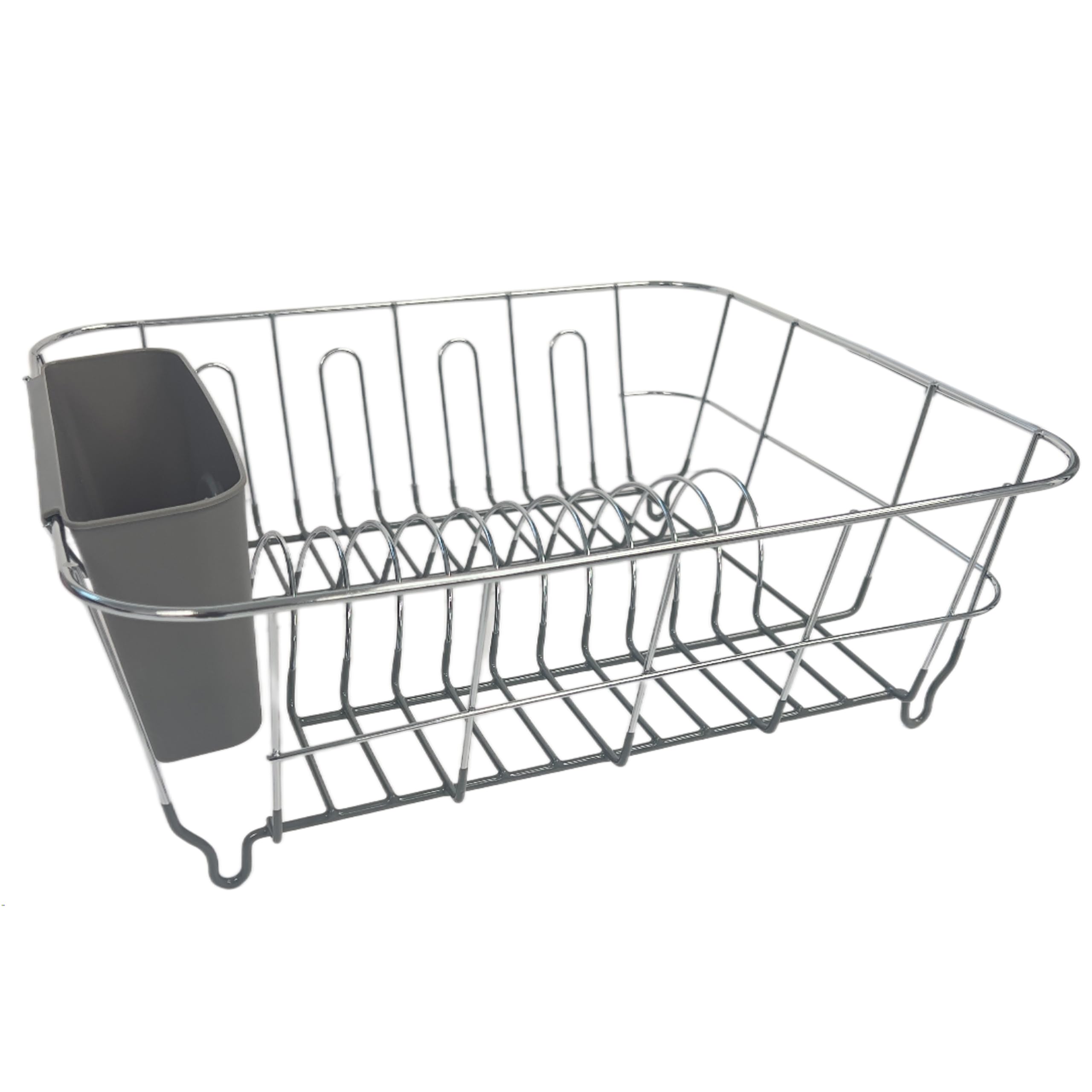Dish Drying Rack & Cutlery Holder 2 Piece Set - Compact Sink-Fitting Dish Drainer with Rubberized Undercoating, Space-Saving Kitchen Organizer for Plates, Cups, Bowls & Utensils in Sink, Silver