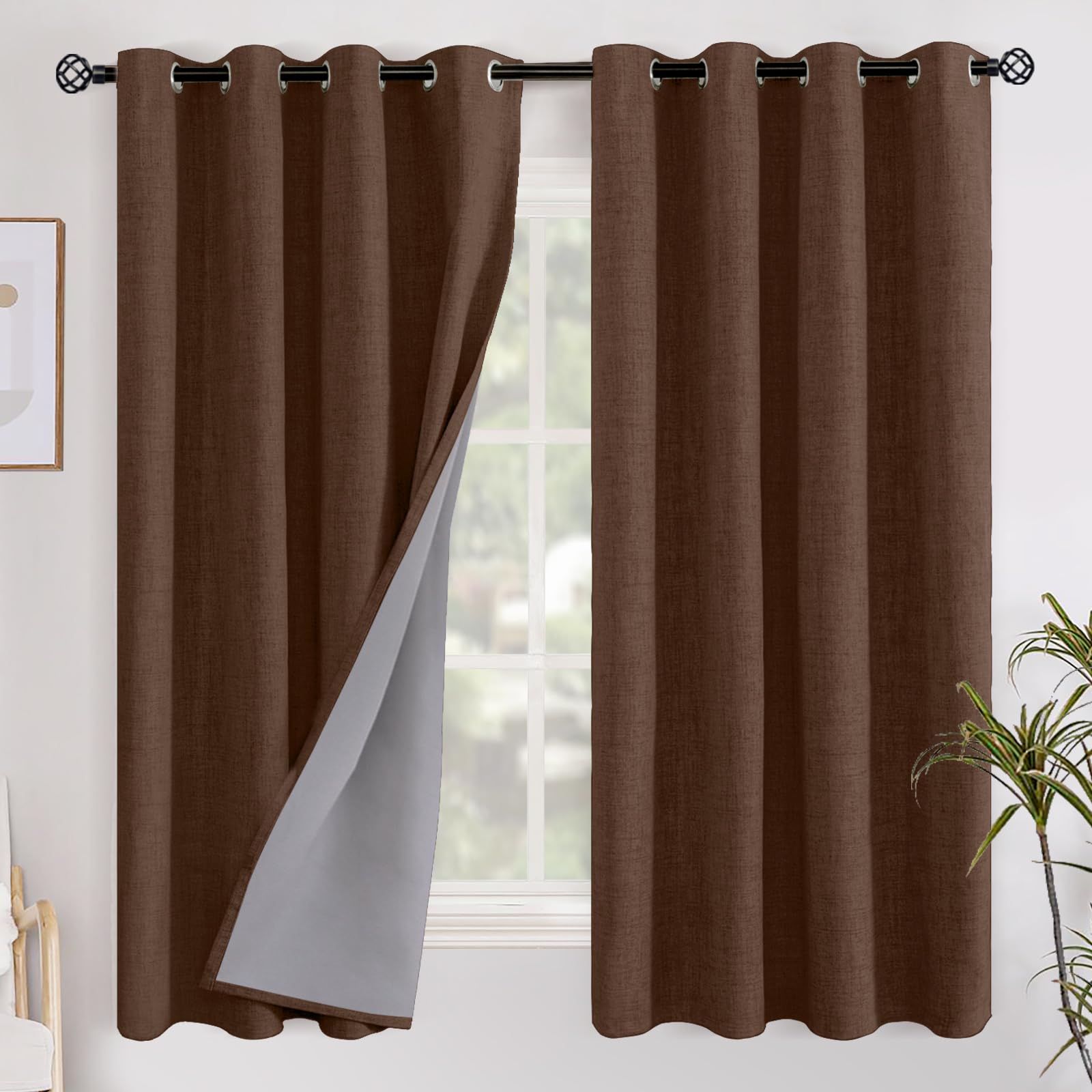 YoungsTex Linen Blackout Curtains 63 Inch Length for Bedroom, Room Darkening Window Drapes with Grommet Thermal Insulated Black Out Blinds for Living Room, 2 Panels, 52 X 63 Inch, Beige