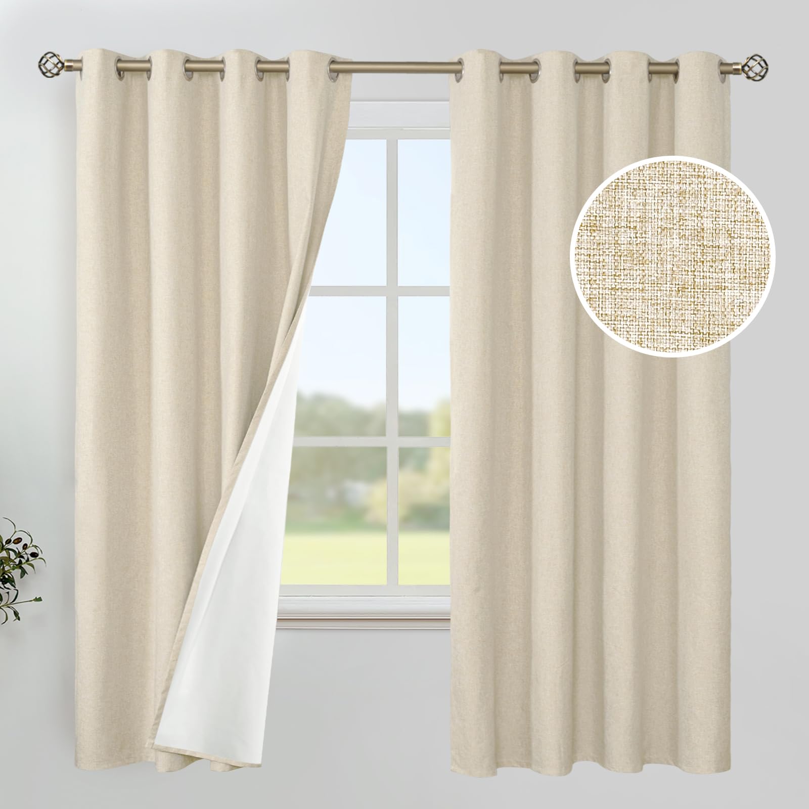 YoungsTex Linen Blackout Curtains 63 Inches Long for Bedroom, Room Darkening Window Drapes with Grommet Thermal Insulated Black Out for Living Room, 2 Panels, 52 X 63 Inch