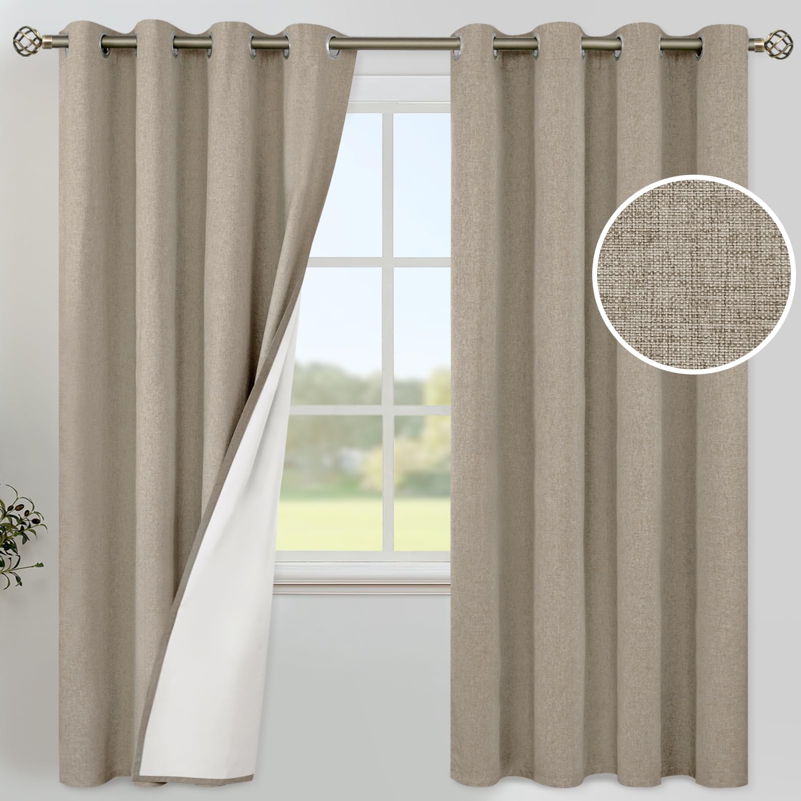 YoungsTex Linen Blackout Curtains 63 Inches Long for Bedroom, Room Darkening Window Drapes with Grommet Thermal Insulated Black Out for Living Room, 2 Panels, 52 X 63 Inch