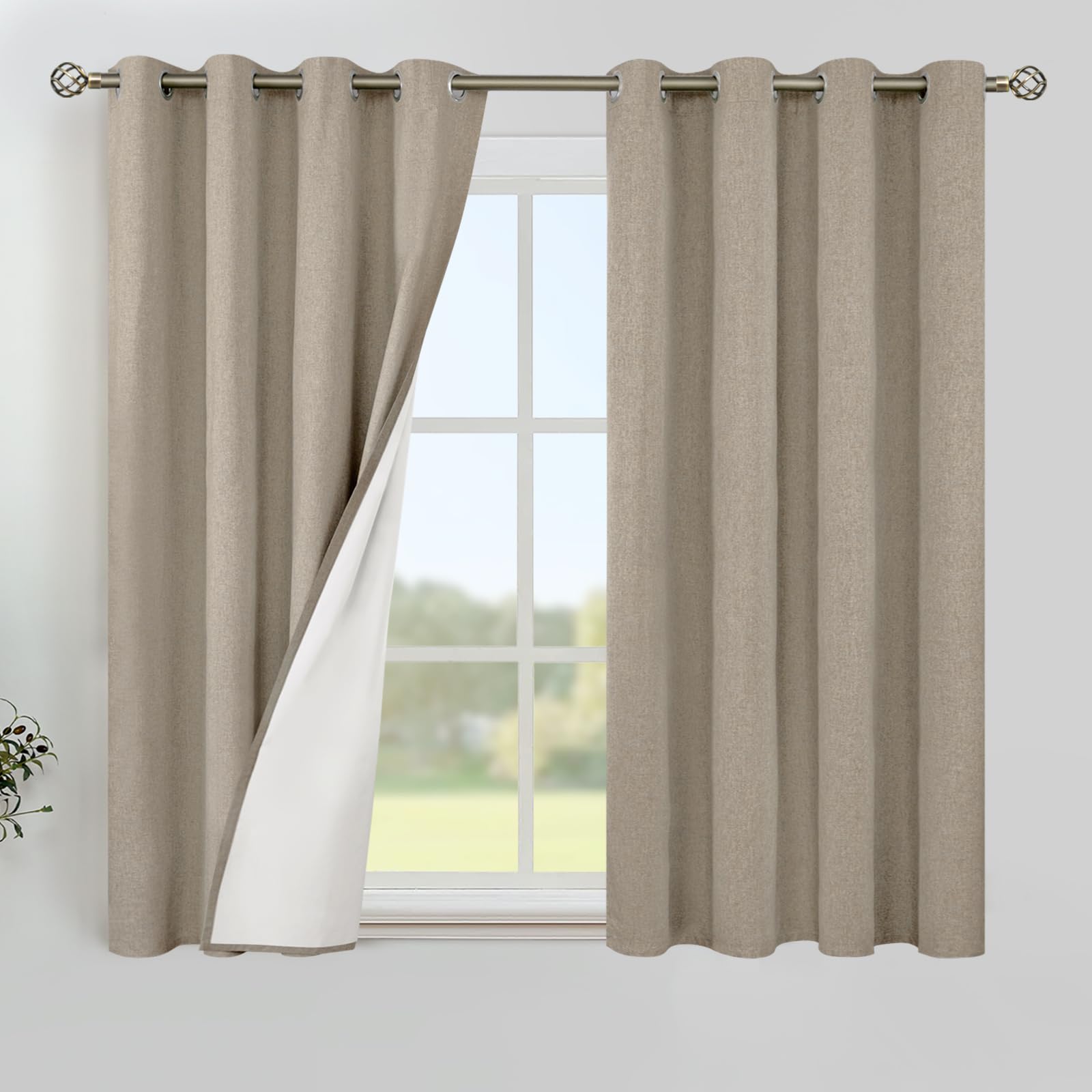 YoungsTex Linen Blackout Curtains 63 Inches Long for Bedroom, Room Darkening Window Drapes with Grommet Thermal Insulated Black Out for Living Room, 2 Panels, 52 X 63 Inch