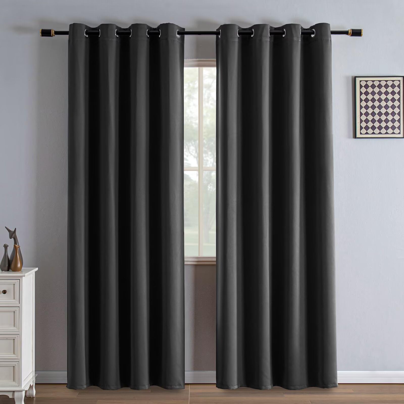 IGEMAEVE Black 100% Blackout Curtains 84 Inch Length 2 Panels Set, Black Out Curtains for Bedroom 84 Inch Long, Rod Pocket Energy Saving Room Darkening Drapes for Living Room Dining Room Window