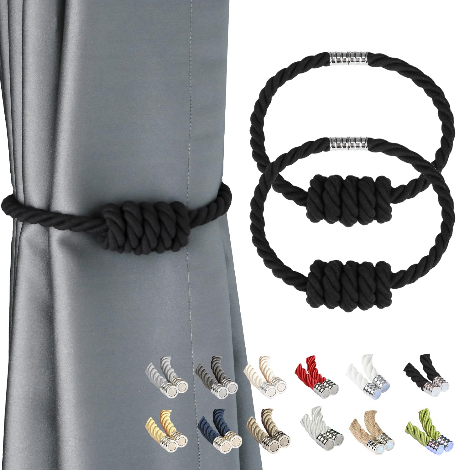 BEL AVENIR Magnetic Jute Curtain Tiebacks, Decorative Drapery Holdbacks Bohemian Style Woven Tie-Backs with Exquisite Knot (Jute, 2 Pack)