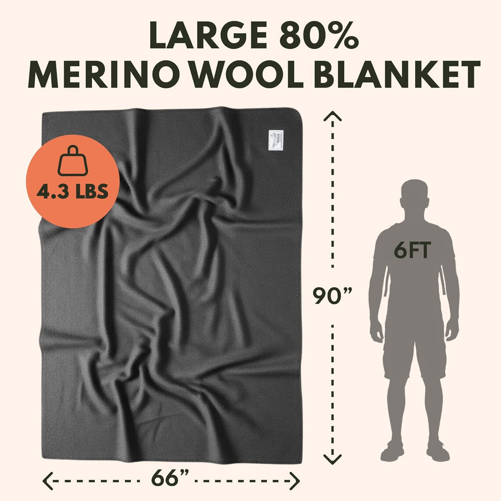 Woolly Mammoth Woolen Co. | Extra Large Merino Wool Camp Blanket | Perfect Outdoor Gear | Bedroll for Bushcraft, Camping, Trekking, Hiking, Survival, or Throw Blanket at the Cabin (Gray), 66" x 90"